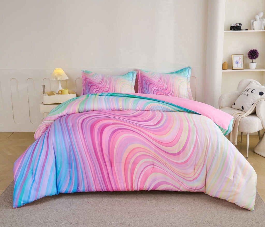 Fluffy Down Alternative 3-Piece Abstract Tie Dye Comforter Set, Blue Pink Purple, Kids Bedding Set for Girls Full/Queen Size - All-Season Down Alternative Comforter Insert - Default Title