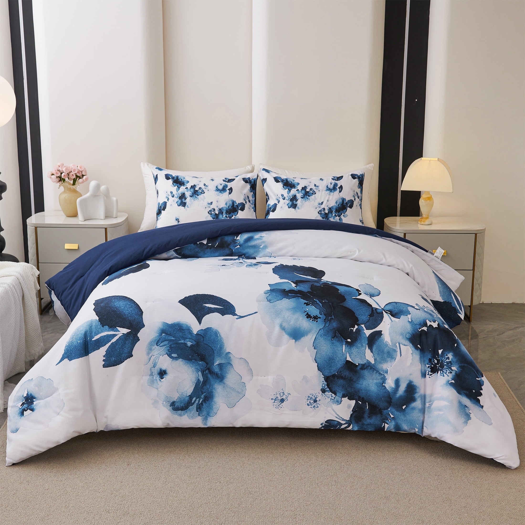 All-Season 3 Pieces Blue and White Floral Comforter Set King Size, Flower Bedding with Watercolor Flowers Pattern for Women, Rev... - Hypoallergenic Ultra-Fluffy Quilt for Winter - Default Title