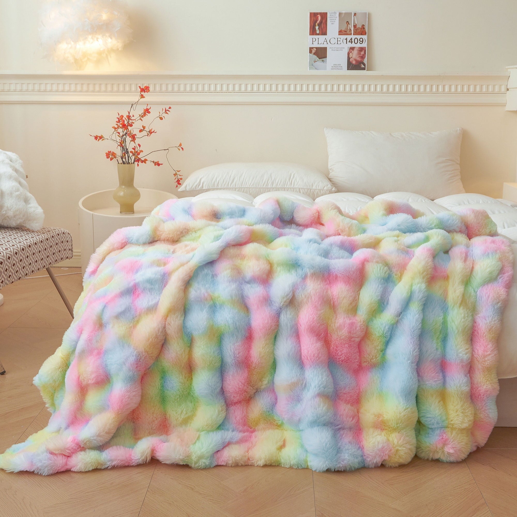 Reversible Sherpa Fluffy Faux Rabbit Fur Bubble Throw, Rainbow Plush Shaggy Blanket for Couch Sofa Chair, Soft Tie Dye Furry Blanket Ad... - Super Soft Reversible Sherpa Flannel Blanket - Default Title