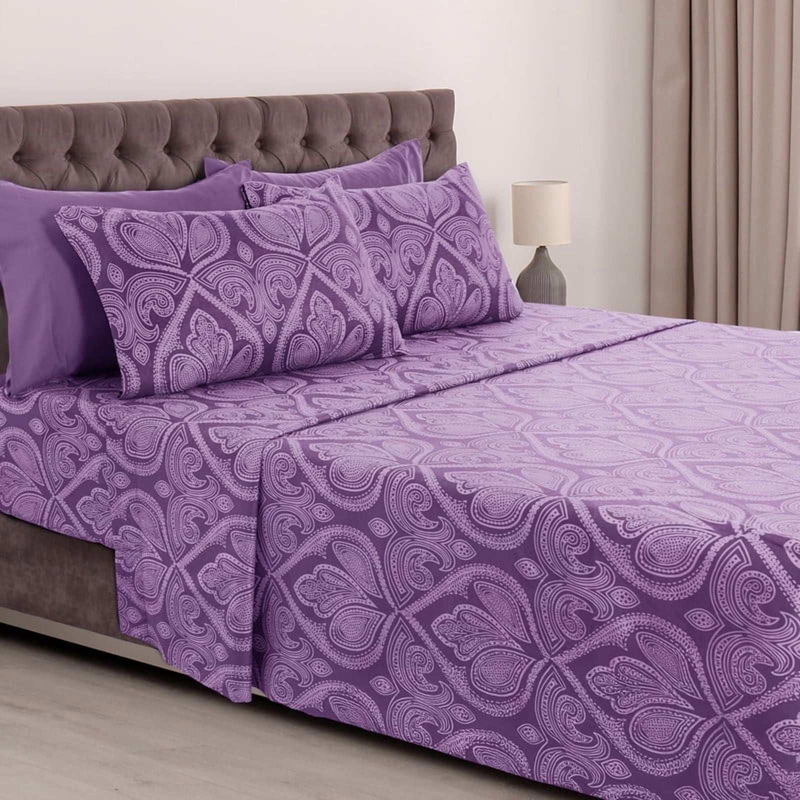 Breathable Luxury Paisley Printed Queen Bed Sheets Set, Microfiber 6 Piece Bedding Set - Purple - Cooling Hotel Quality Bedding Sheets and Pillowcases - Default Title