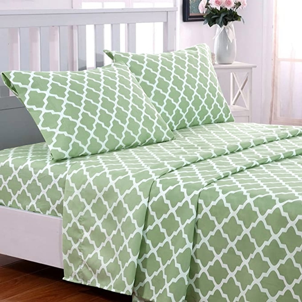 Breathable Luxury Quatrefoil Bed Sheet Set (King, Sage/White) 4 Piece Deep Pocket 1800 Series Microfiber Bed Sheet Set Contains 1 Fitte... - Premium Ultra-Soft Pillowcase Pair for Sleeping - Default Title