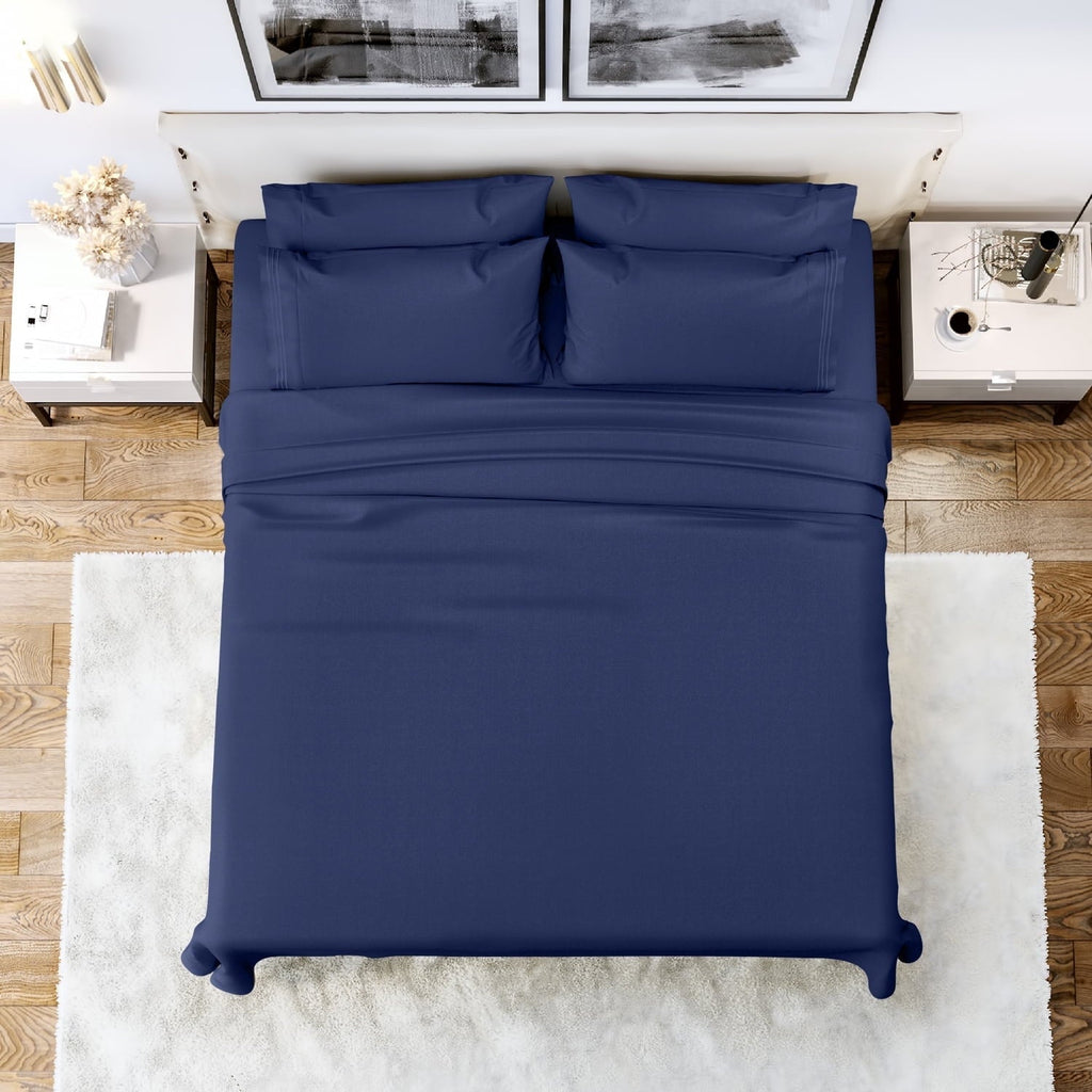 Breathable Luxury Queen Bed Sheets Set, 6 Pc Microfiber Bed Sheets, Extra Deep Pocket Queen Fitted Sheet, Flat Sheet & Pillowcases, Nav... - Premium Ultra-Soft Pillowcase Pair for Sleeping - Default Title