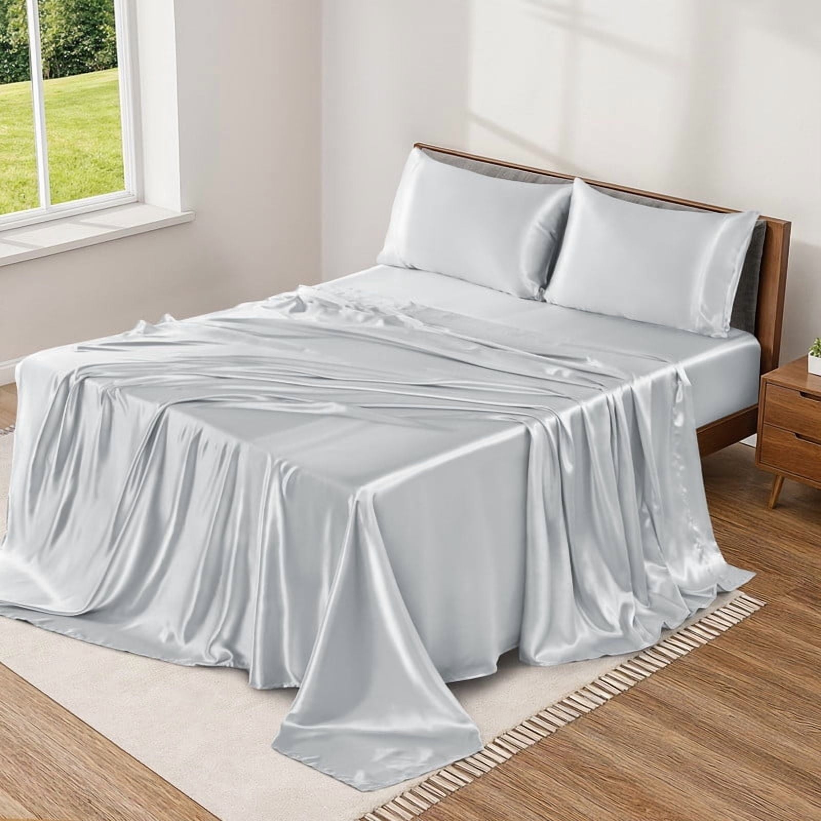 Wrinkle-Resistant Lux Decor Luxury Satin Sheets King Size - 4 Piece Cooling Bed Sheet Set, Silky Soft & Smooth, Deep Pockets up to 15",... - Cooling Hotel Quality Bedding Sheets and Pillowcases - Default Title