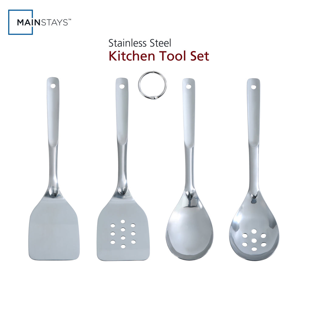 Non-Stick Safe Stainless Steel 4-Piece Utensil Set: Includes Spatula, Slotted Spatula, Spoon, and Slotted Spoon - Heat-Resistant Silicone Cooking Spatula Turner - Default Title