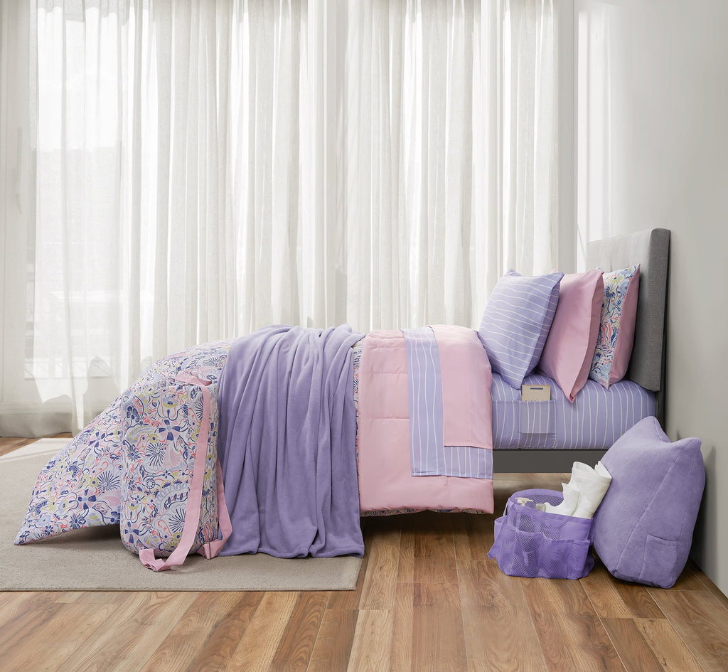 Hypoallergenic Cloud 14pc College Dorm Essentials Bundle, Twin-XL, Reversible Bed in a Bag Comforter Set, Purple Floral - Cloud-Like Soft Lightweight Bed Comforter - Default Title