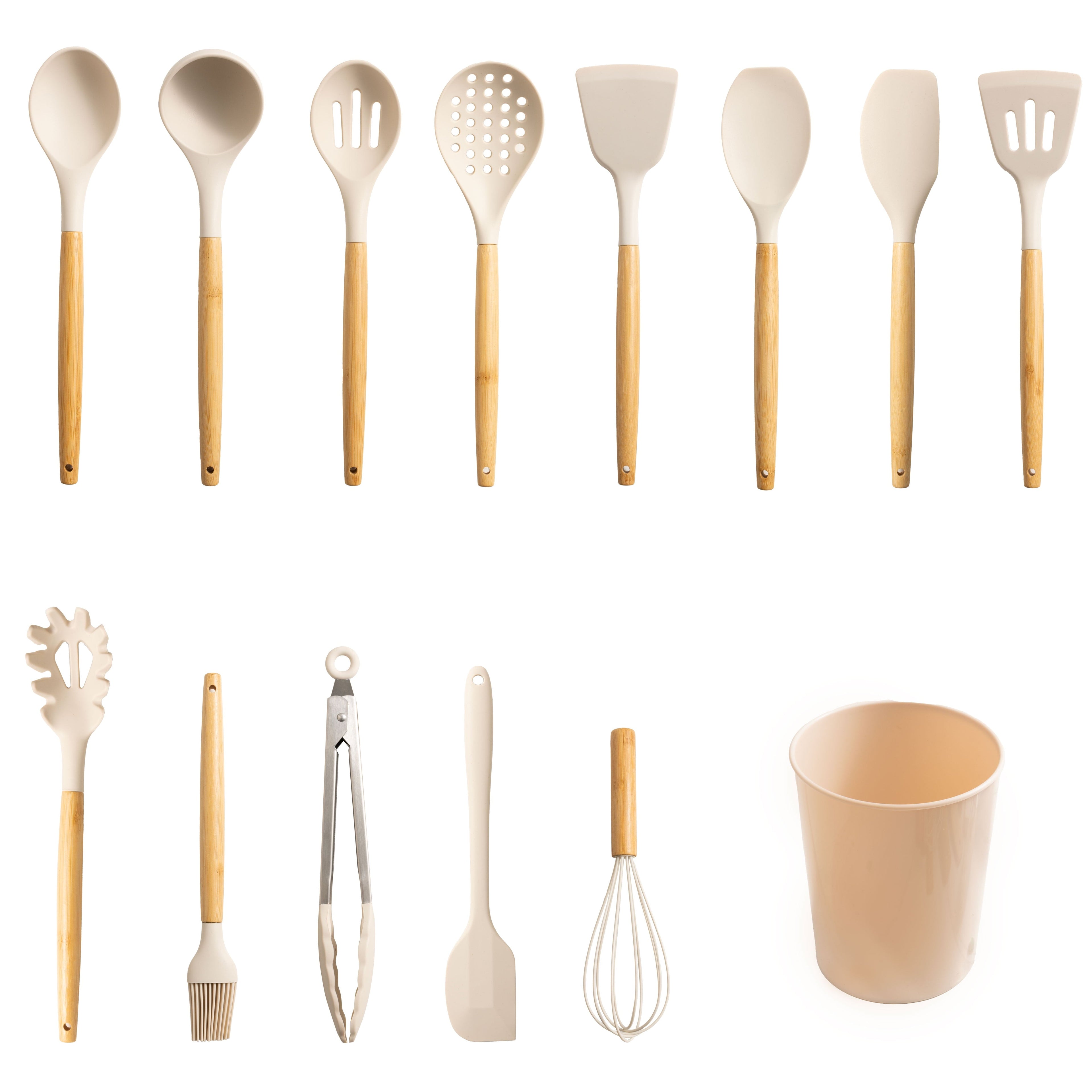 Non-Stick Safe Silicone & Bamboo Cooking Utensil Set, 14 Pieces - Ergonomic Kitchen Tongs and Cooking Spoon Utensil - Default Title