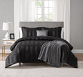 All-Season Rich Black 5 Piece Damask Stripe Comforter Set, King, Adult, Unisex - Luxurious Quilted Duvet Cover Set - Default Title