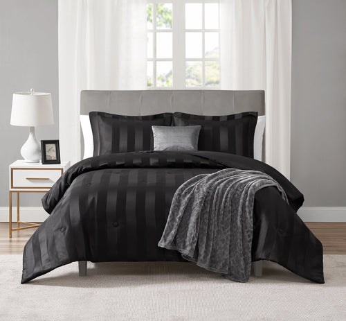 All-Season Rich Black 5 Piece Damask Stripe Comforter Set, King, Adult, Unisex - Luxurious Quilted Duvet Cover Set - Default Title