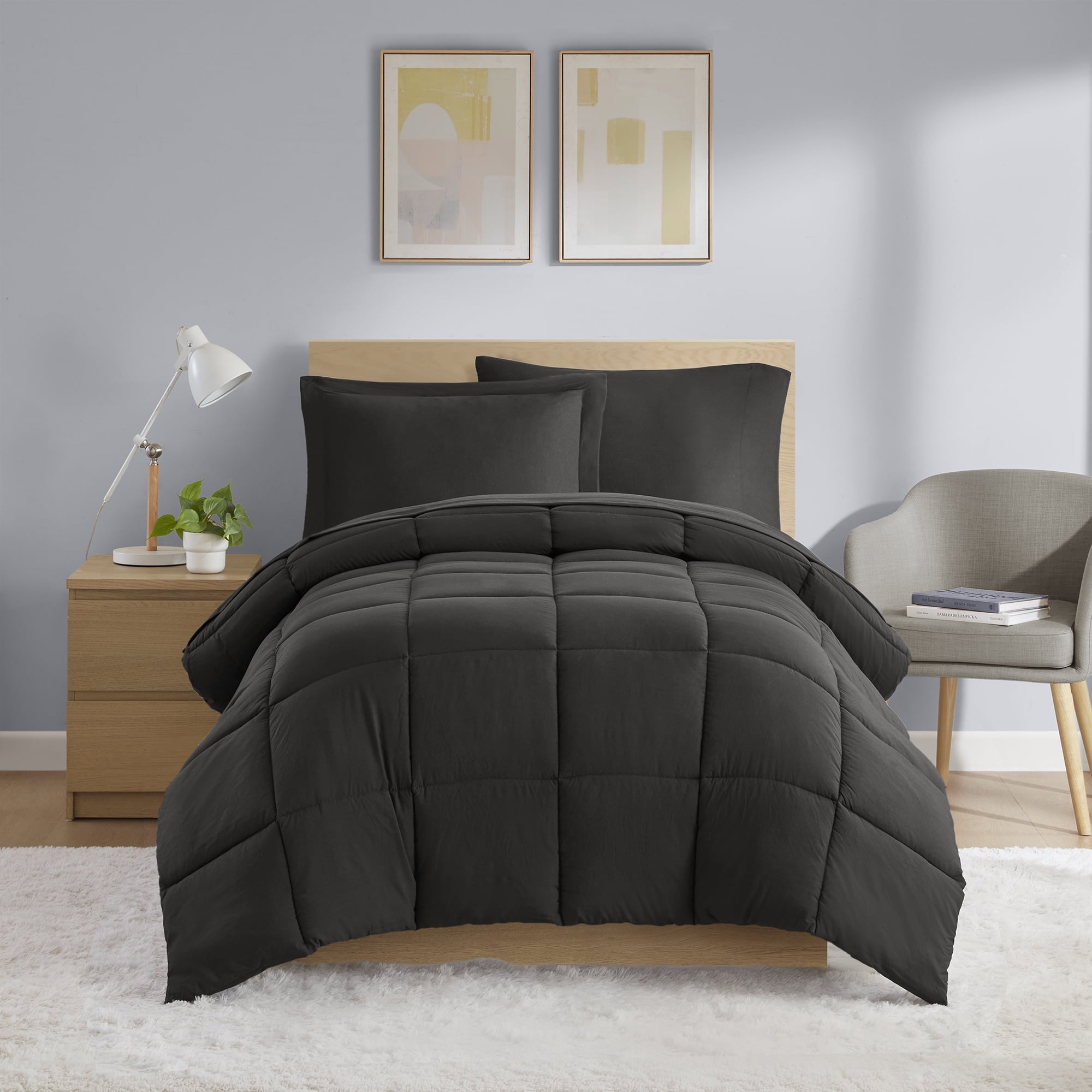 Heavyweight Warmth All in One Down Alt Reversible Comforter and Sheet set- 5 Piece, Twin, Black - Luxurious Quilted Duvet Cover Set - Default Title
