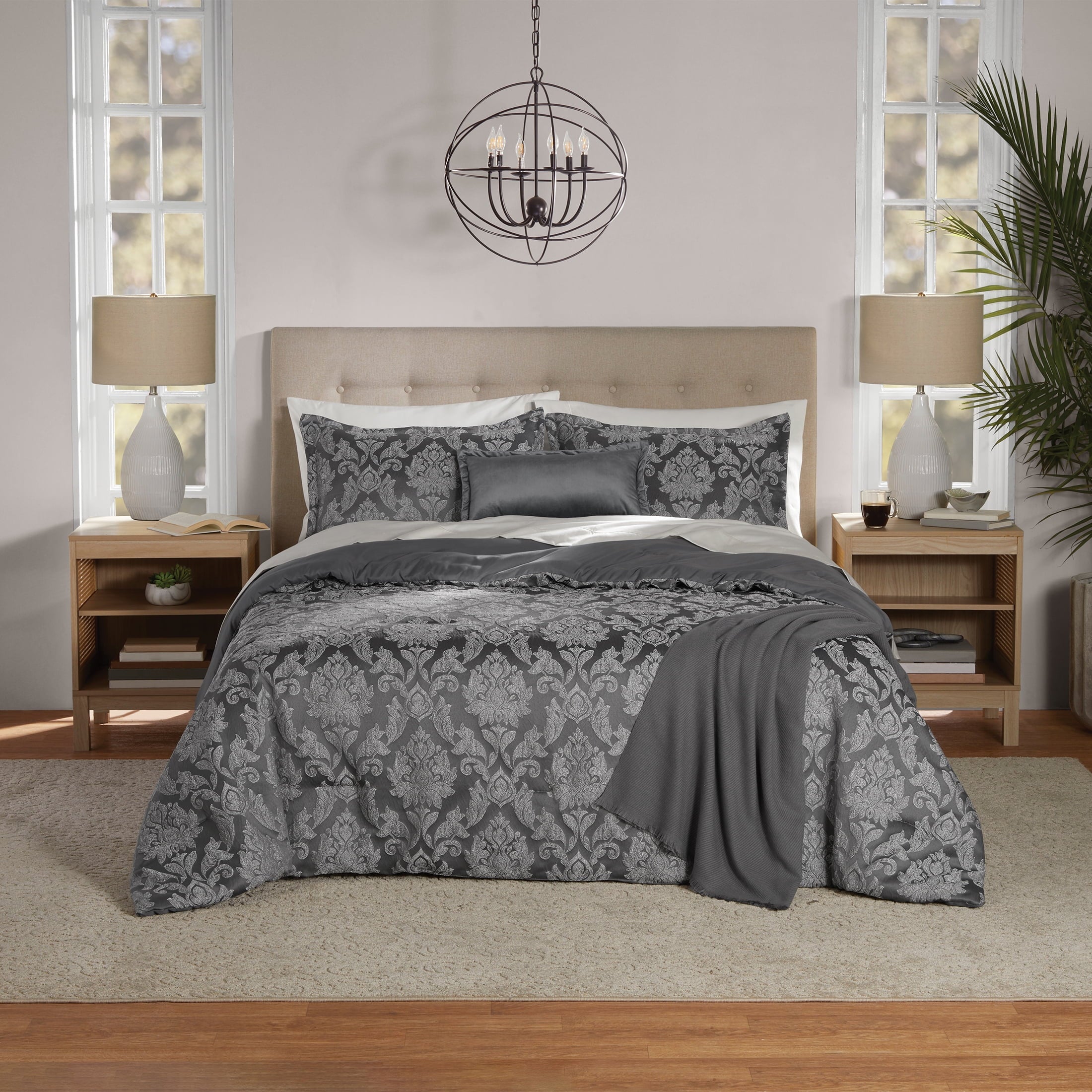 Hypoallergenic Cloud Full/Queen Comforter Set, All-Season, 5-Piece, Grey Jacquard Damask - Hypoallergenic Ultra-Fluffy Quilt for Winter - Default Title
