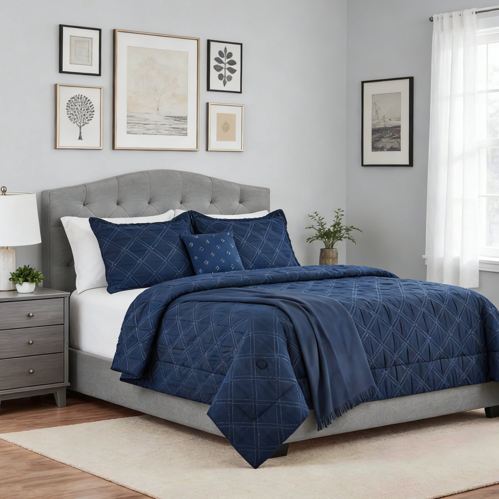 Fluffy Down Alternative 5-Piece Reversible Comforter Set Navy Cross Stitch Bedding with Decor Pillow and Throw, Full/Queen - Luxurious Quilted Duvet Cover Set - Default Title