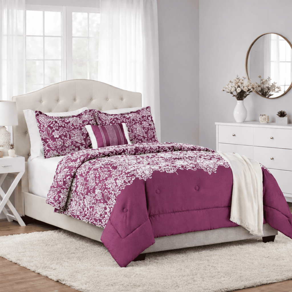 Luxurious Quilted 5-Piece Jacquard Comforter Set with Decor Pillow and Throw Purple Flocking Embroidery Bedding Set, Full/Queen - Hypoallergenic Ultra-Fluffy Quilt for Winter - Default Title