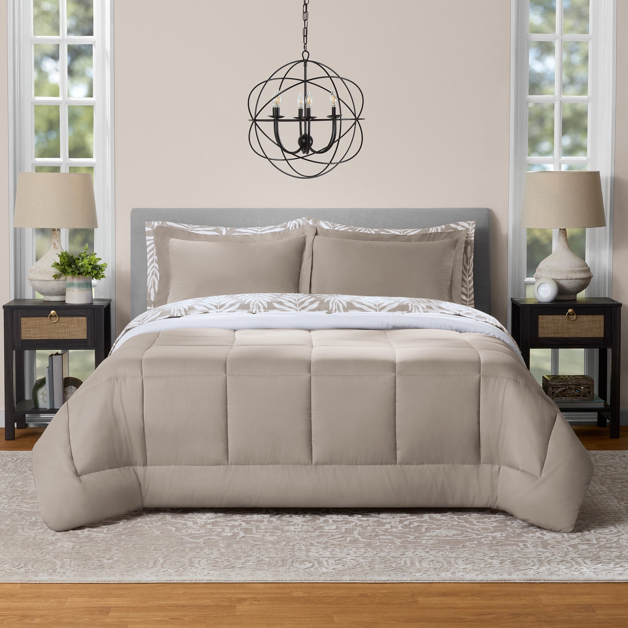 Luxurious Quilted All in One Reversible Comforter and Sheet Set- 7 Piece, Queen, Beige Palm - Hypoallergenic Ultra-Fluffy Quilt for Winter - Default Title