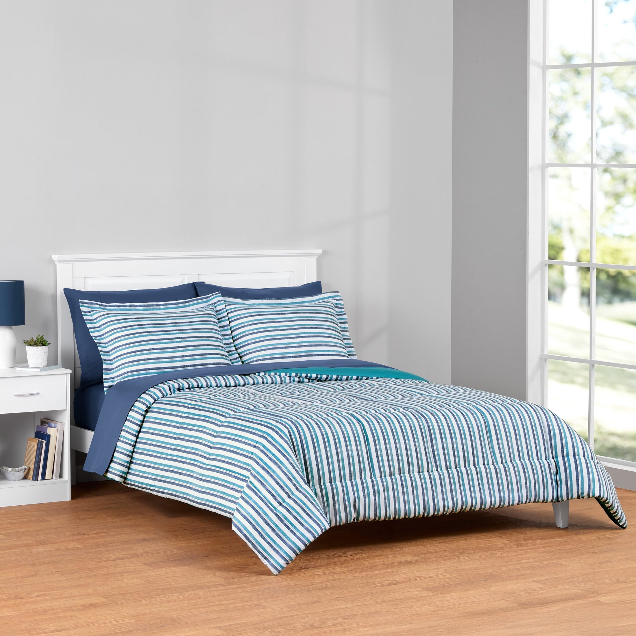 Hypoallergenic Cloud All in One Reversible Comforter and Sheet Set- 7 Piece, Queen, Blue Pinstripe - Hypoallergenic Ultra-Fluffy Quilt for Winter - Default Title