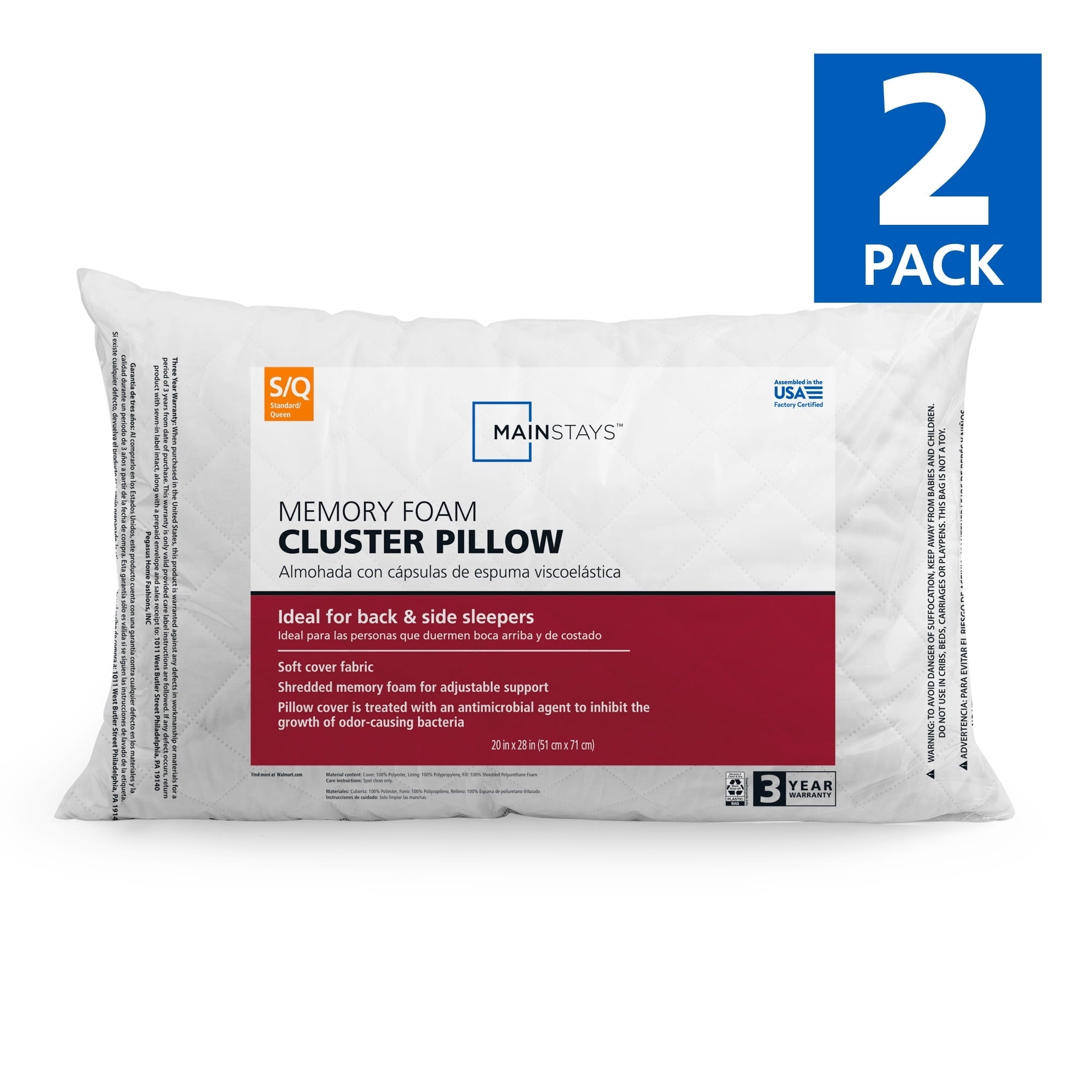 Fluffy Shredded Memory Foam Cluster Bed Pillow, Standard Queen, 2 Pack - Decorative Throw Pillow Cushion for Sofa & Bed - Default Title