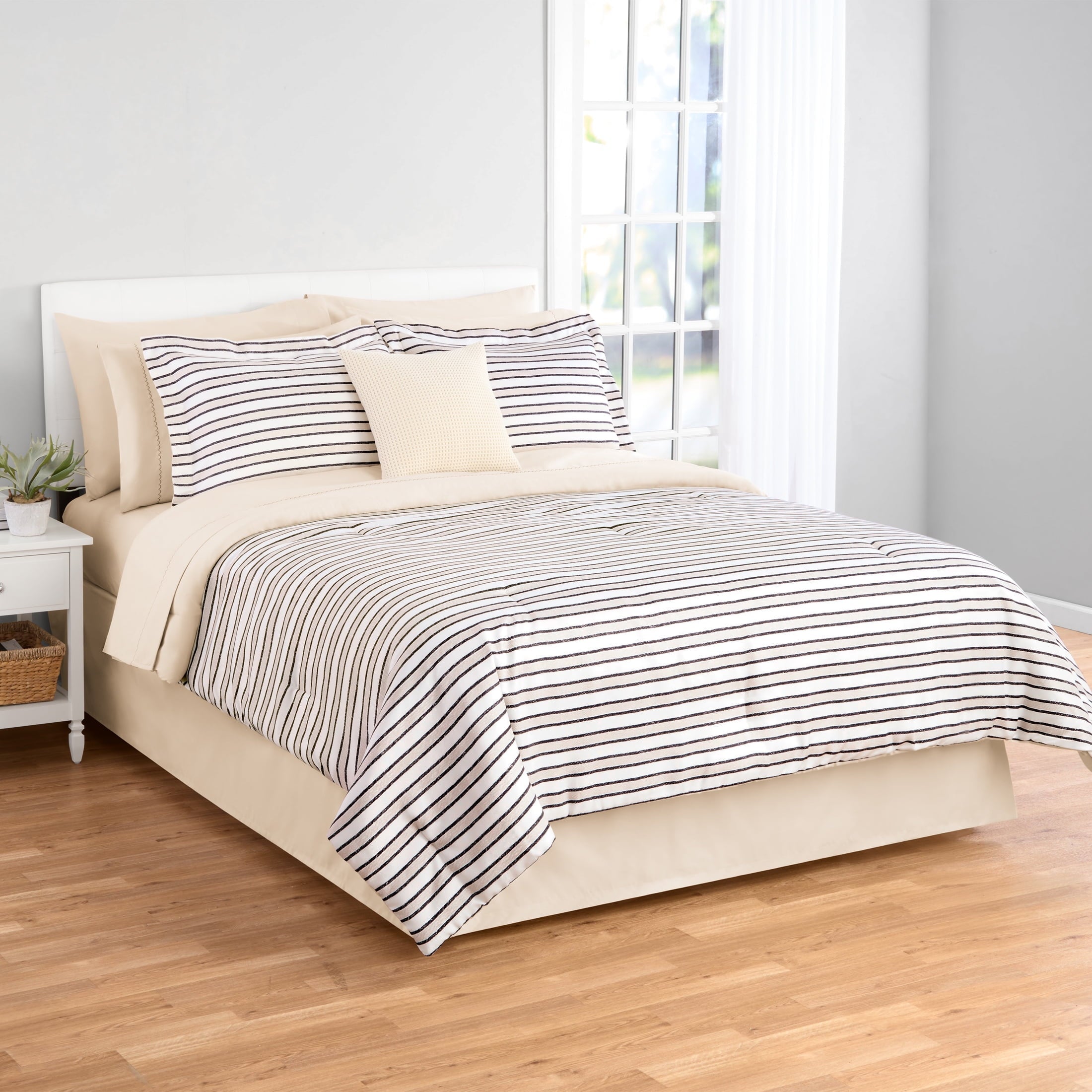 Heavyweight Warmth Soft Touch Bed in a Bag 11-Piece Reversible Tan & Black Striped Comforter Set with Sheets, Queen - All-Season Down Alternative Comforter Insert - Default Title