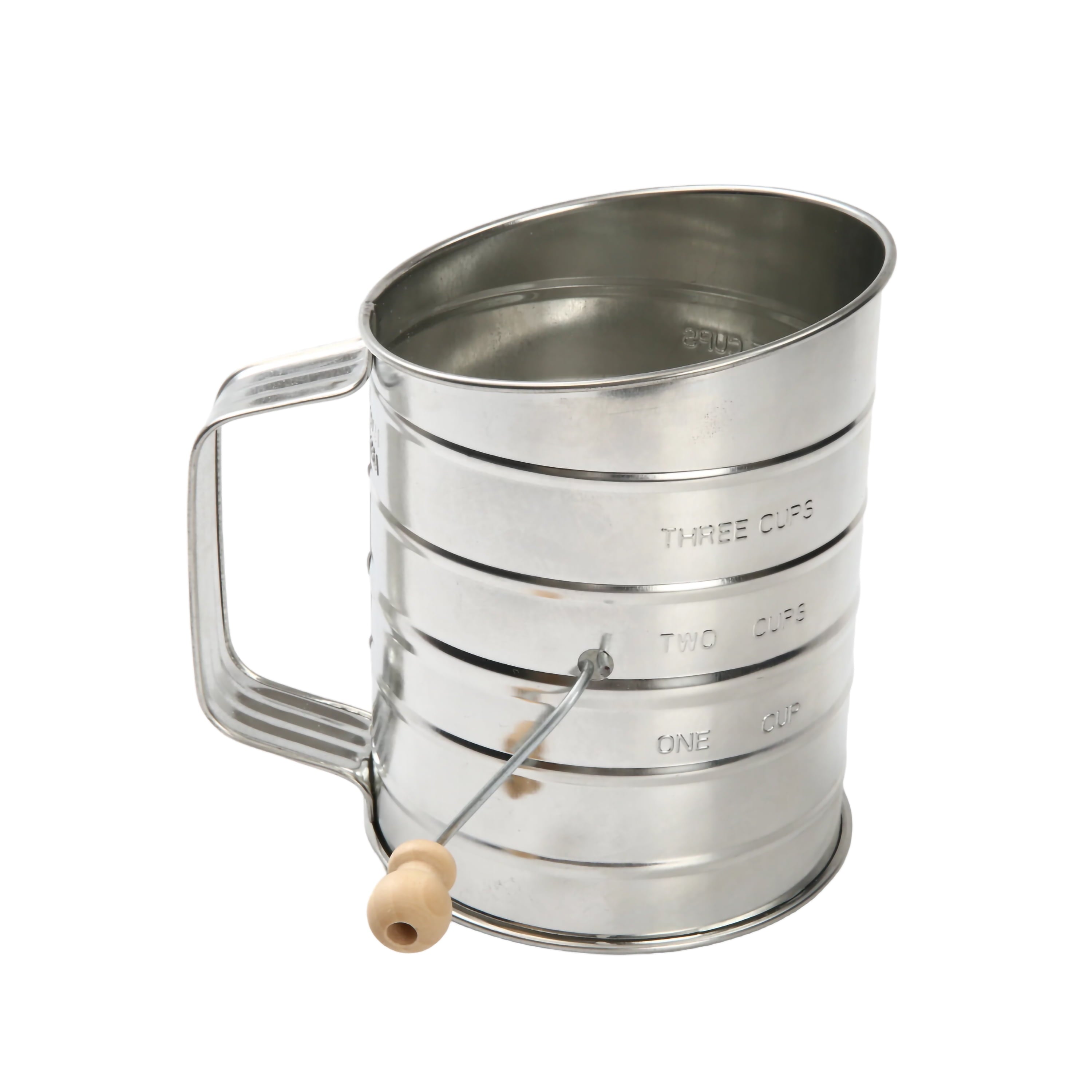 Ergonomic Manual Stainless Steel 3 Cup Flour Hand-Crank Sifter with Beechwood Handle Silver - Multi-Functional Manual Food Chopper & Slicer - Default Title