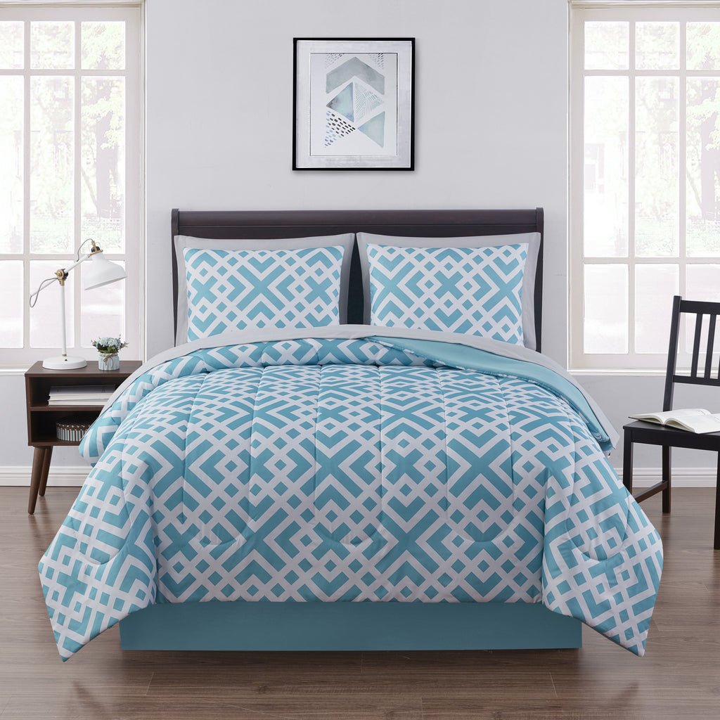 All-Season Teal Geometric 6 Piece Bed in a Bag Comforter Set with Sheets, Twin/Twin-XL - All-Season Down Alternative Comforter Insert - Default Title