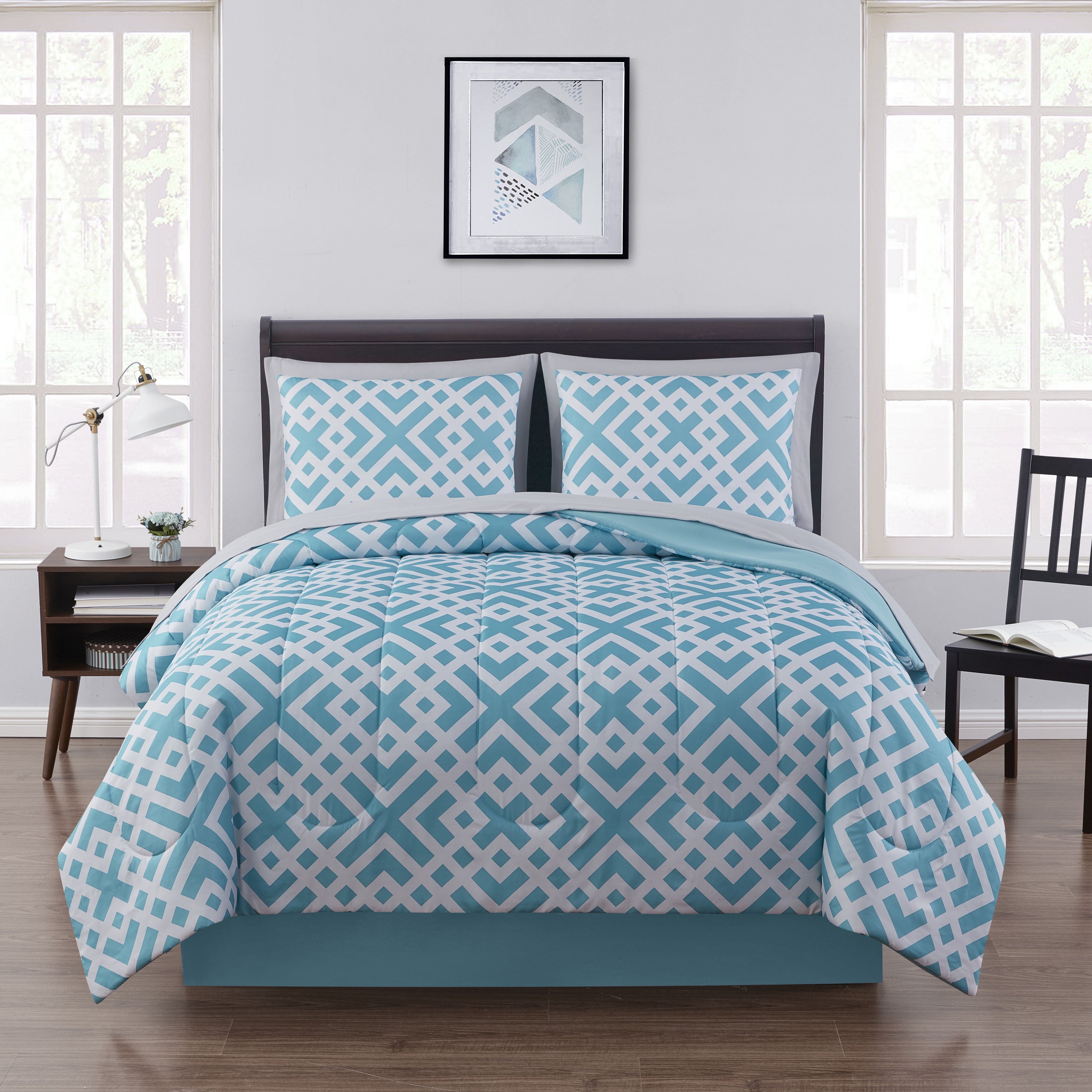 All-Season Teal Geometric 6 Piece Bed in a Bag Comforter Set with Sheets, Twin/Twin-XL - All-Season Down Alternative Comforter Insert - Default Title