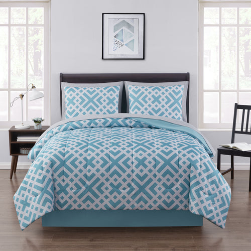All-Season Teal Geometric 6 Piece Bed in a Bag Comforter Set with Sheets, Twin/Twin-XL - All-Season Down Alternative Comforter Insert - Default Title