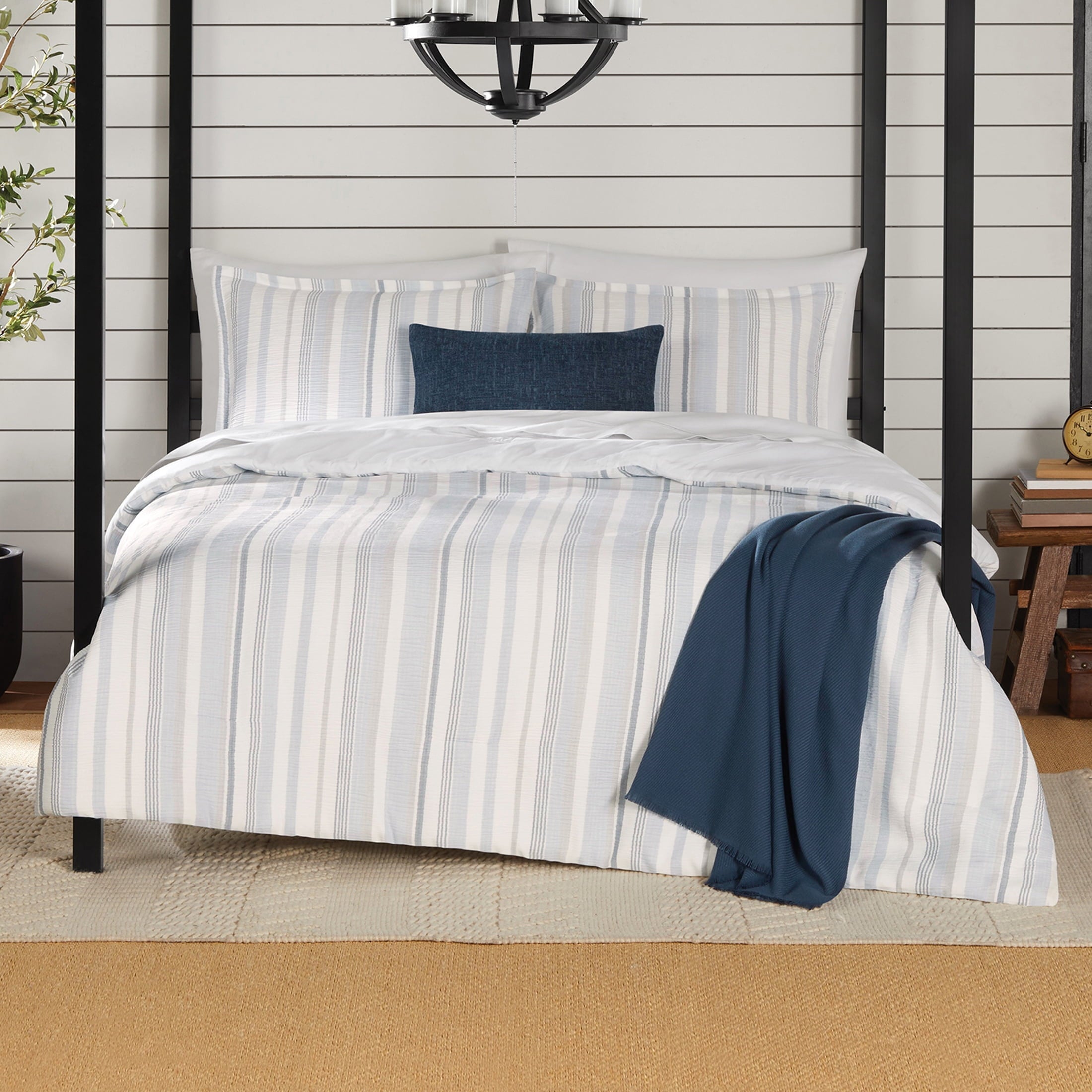Heavyweight Warmth Full/Queen Comforter Set, All-Season, 5-Piece, Blue Yarn Dyed Stripe - All-Season Down Alternative Comforter Insert - Default Title