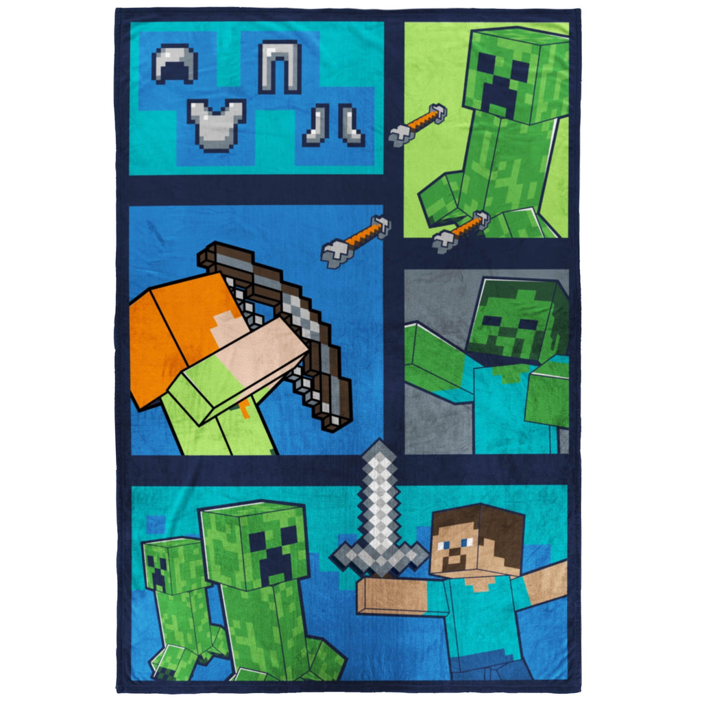 Decorative Knitted Minecraft Kids Twin/Full Blanket, 62 x 90, Microfiber, Green and Blue - Lightweight Plush Warm Blanket for All Seasons - Default Title