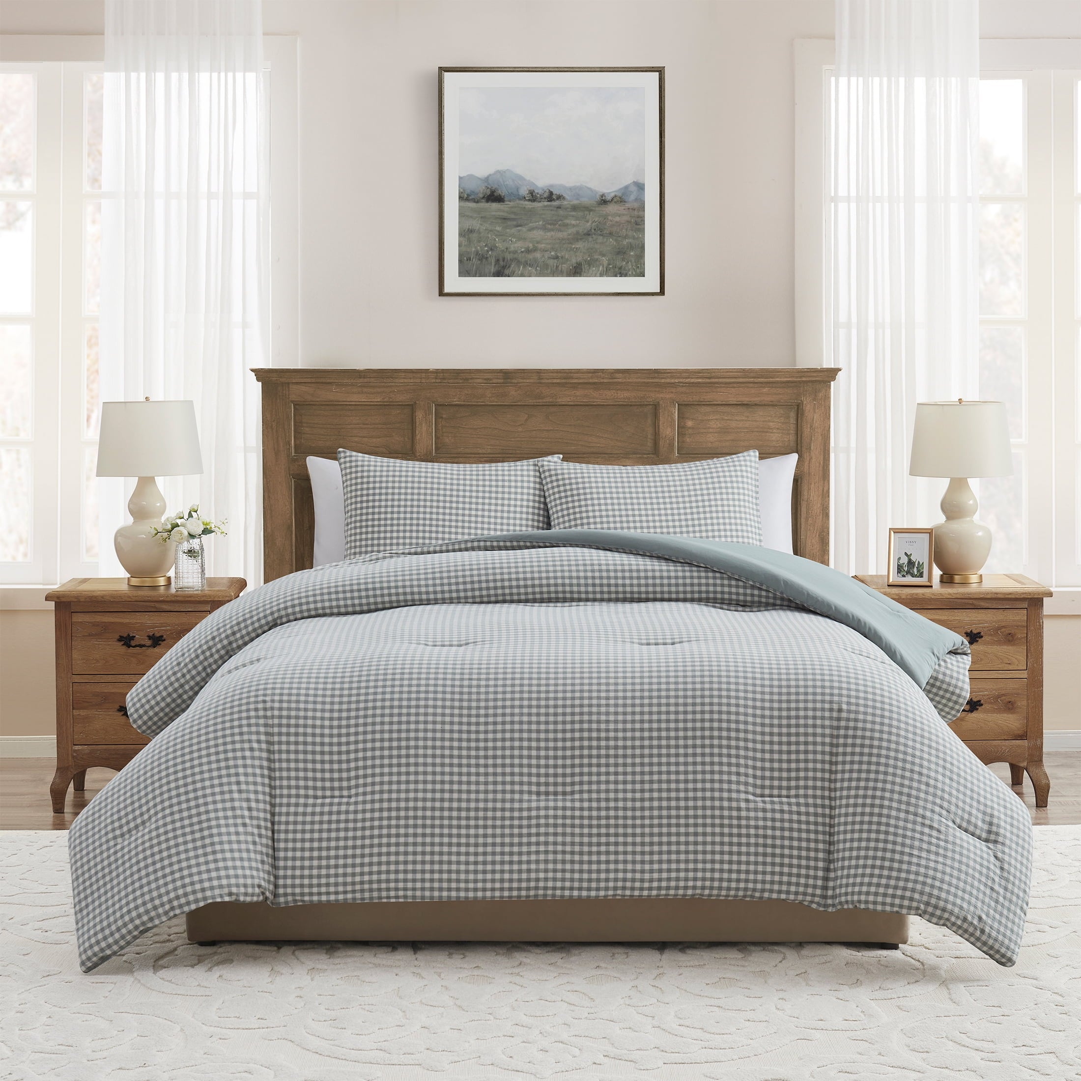 Luxurious Quilted Full/Queen Comforter Set, All-Season, 3-Piece, Green Gingham Plaid - All-Season Down Alternative Comforter Insert - Default Title