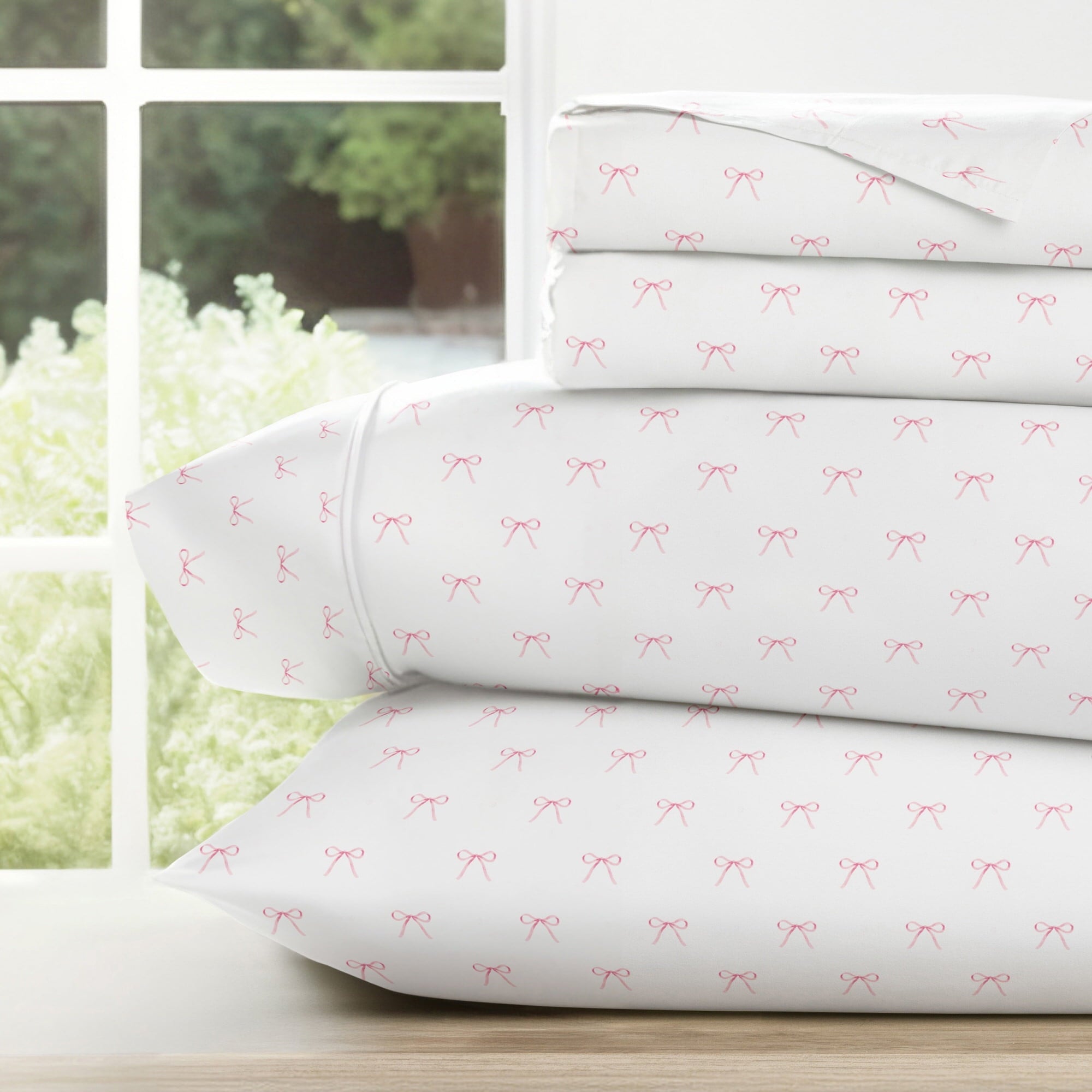 Breathable Luxury 3 Piece Ditsy Pattern Microfiber Bed Sheets, Pink Bows, Twin-XL - Breathable Egyptian Cotton Flat & Fitted Sheets - Default Title