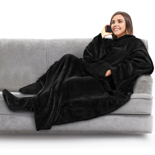 Decorative Knitted Fleece Blanket with Sleeves, Foot Pockets for Women Men Adults, Plush Wearable Blanket Throw Wrap, Warm Snuggle Blank... - Luxury Knitted Decorative Throw Blanket with Fringes - Default Title