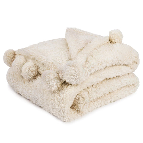 Cozy Fleece Ivory Cream Sherpa Throw Blanket with Soft Pom Pom Fringe, Plush Cozy Warm Blankets for Couch Bed Sofa, Fuzzy Fleece ... - Super Soft Reversible Sherpa Flannel Blanket - Default Title