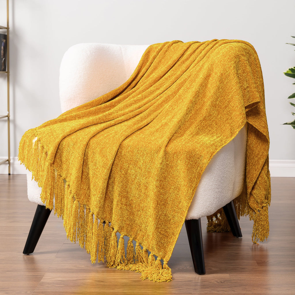 Super Soft Flannel Mustard Yellow Chenille Throw Blanket for Couch, Soft Gold Knit Blanket with Tassel Fringe, Woven Chenille Knitted De... - Lightweight Plush Warm Blanket for All Seasons - Default Title
