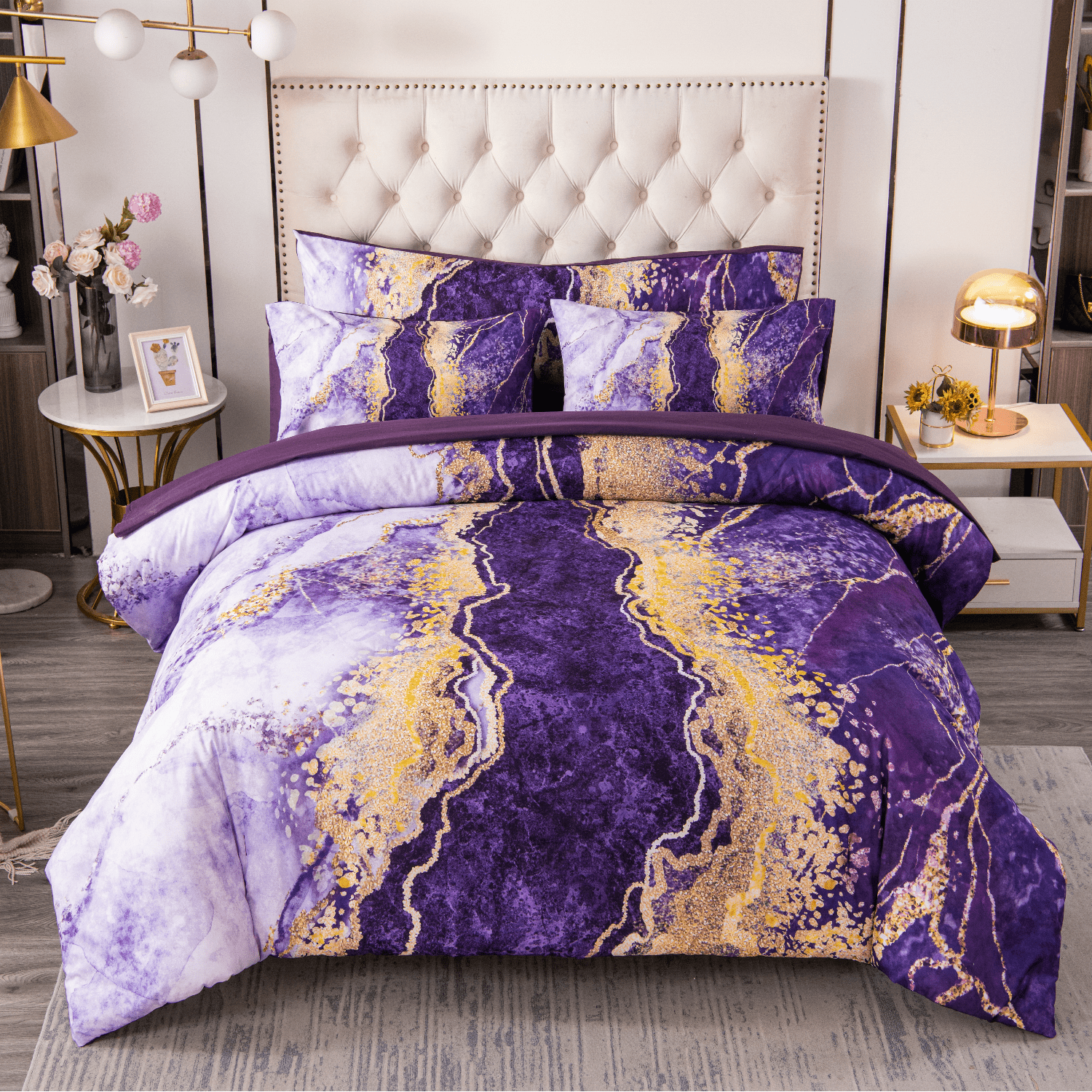 All-Season 6 Pieces Queen Size Comforter Set Purple,Watercolor Marble Colorful Purple Bedding,Ultra Soft Purple Bed Set with Com... - Luxurious Quilted Duvet Cover Set - Default Title