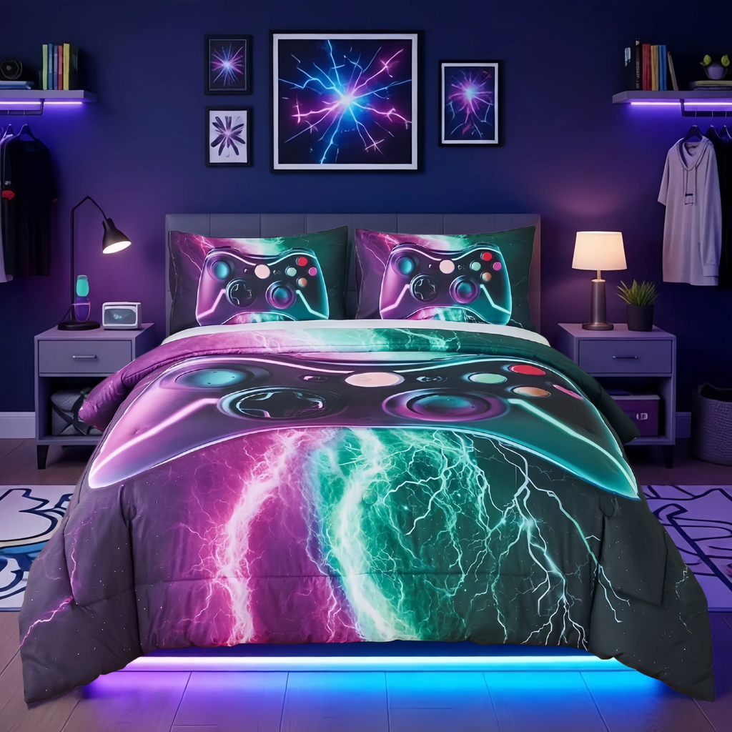 Luxurious Quilted Queen Size Gaming Comforter Set for Boys,3-Piece 3D Green Purple Lightning Game Controller Bedding Set for Kids Teens - Luxurious Quilted Duvet Cover Set - Default Title