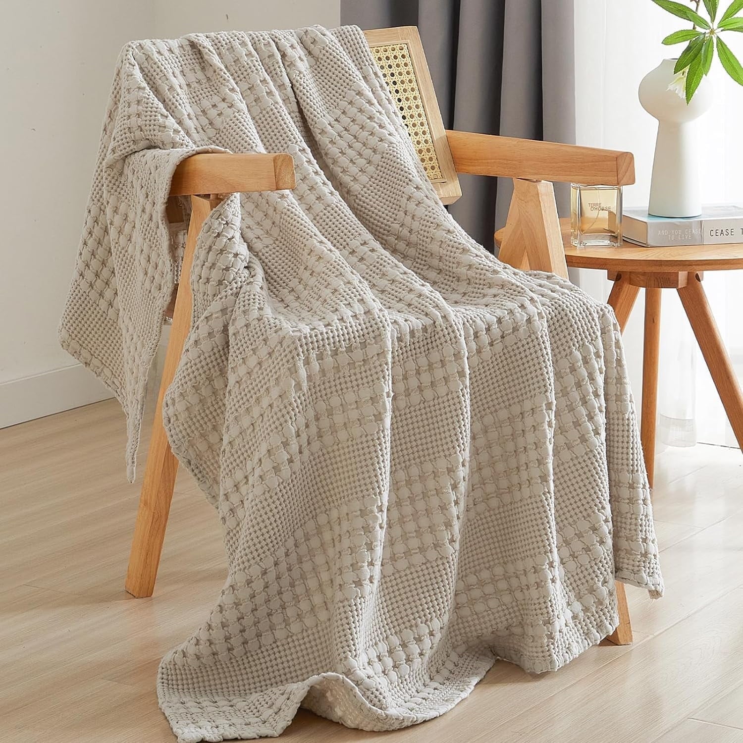 Super Soft Flannel 100% Cotton Waffle Weave Blanket, Lightweight Throw Washed Blanket for Bed Sofa Home Decor, Oatmeal, 50"x60" - Lightweight Plush Warm Blanket for All Seasons - Default Title