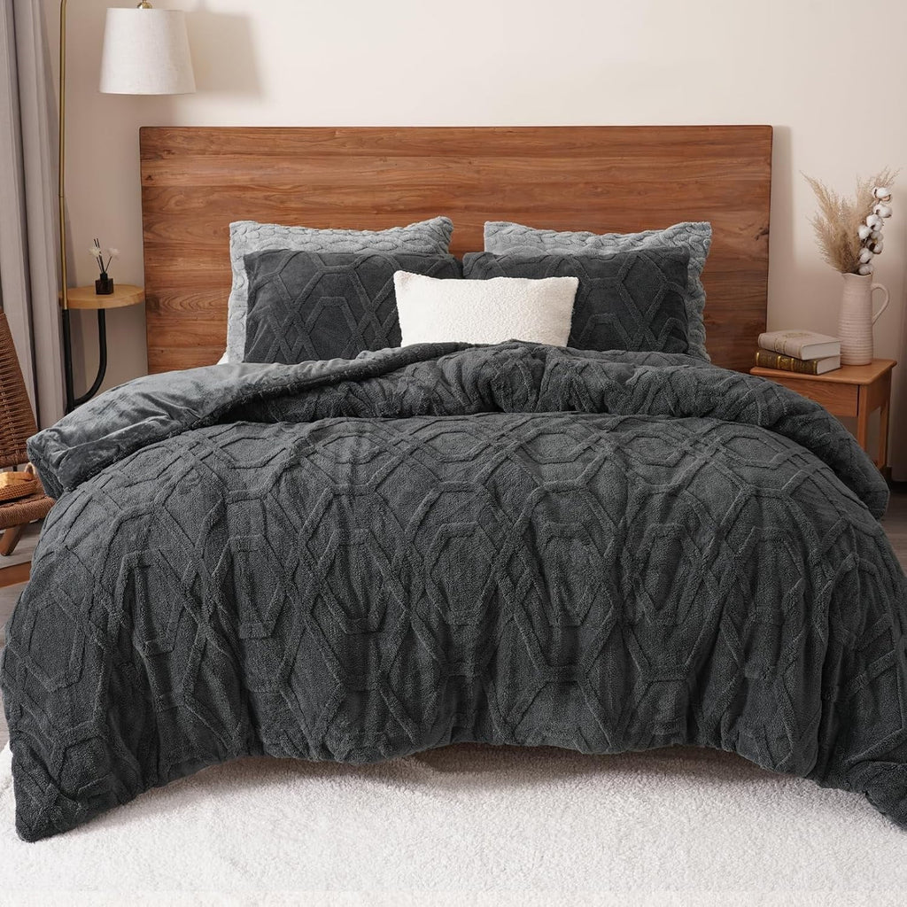 All-Season Warm Sherpa Fleece Queen Comforter Set, 3D Tufted Fluffy Dark Grey Bedding for Winter, Soft 3 Pieces Shaggy Bed Set, ... - All-Season Down Alternative Comforter Insert - Default Title