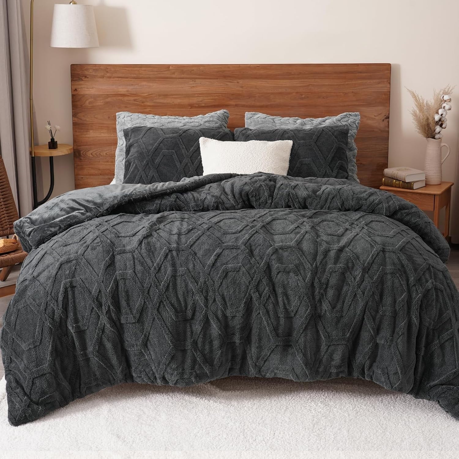 All-Season Warm Sherpa Fleece Queen Comforter Set, 3D Tufted Fluffy Dark Grey Bedding for Winter, Soft 3 Pieces Shaggy Bed Set, ... - All-Season Down Alternative Comforter Insert - Default Title
