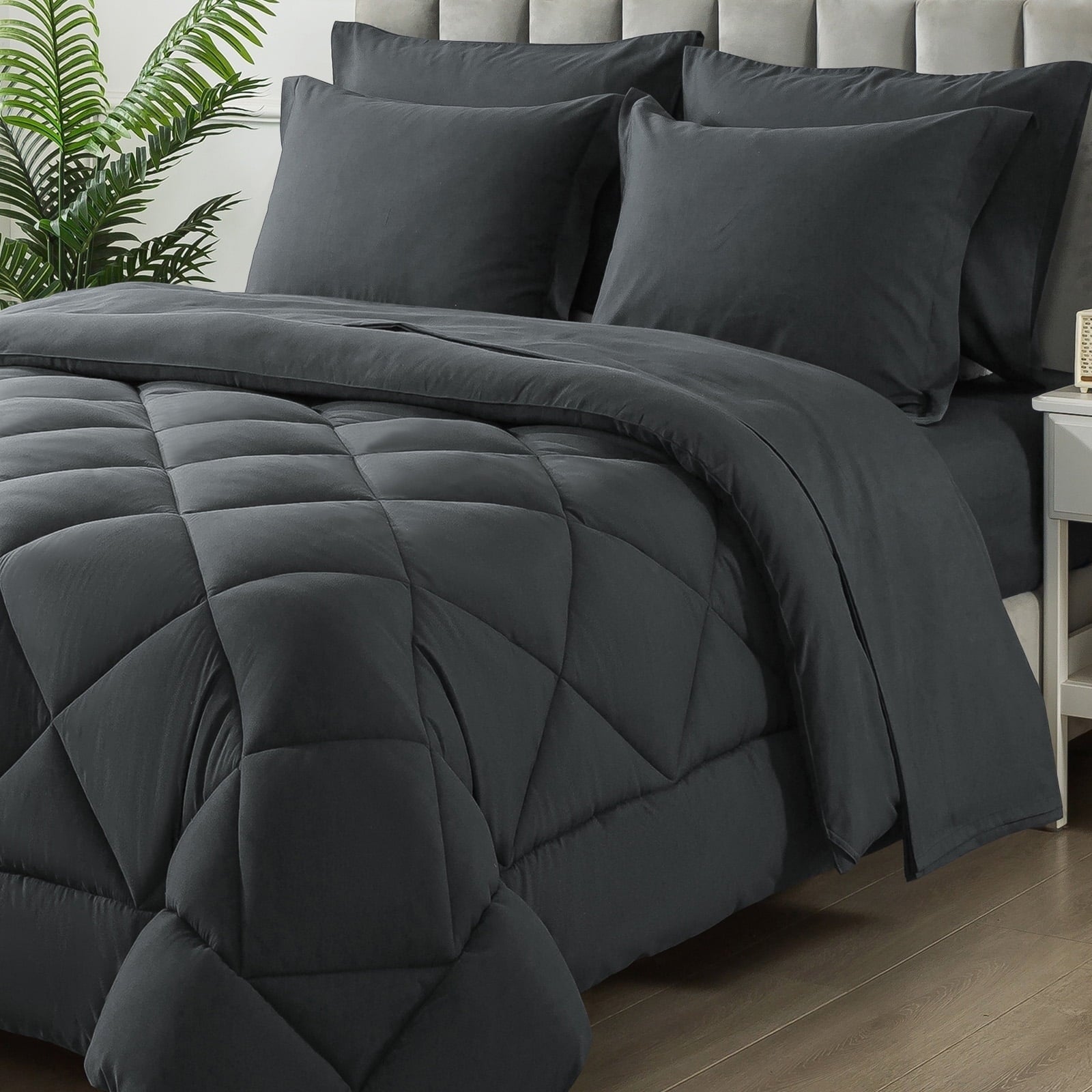 Fluffy Down Alternative Queen Bed in a Bag Comforter Set with 7 Pieces - Dark Gray All Season Bedding Sets with Comforter, Pillow Shams, Flat... - Luxurious Quilted Duvet Cover Set - Default Title