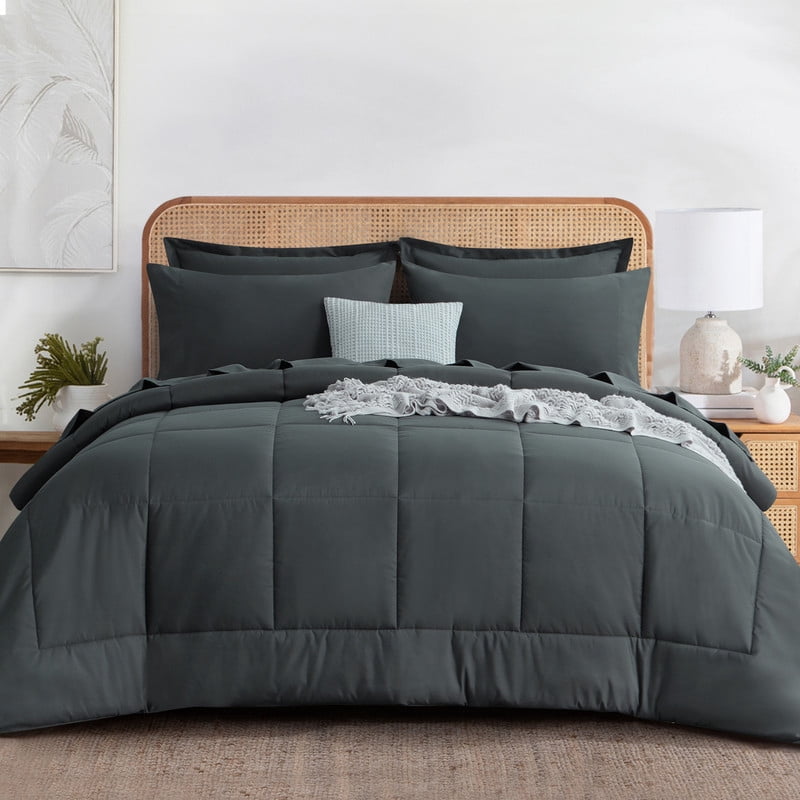 Fluffy Down Alternative 7 Pieces Comforter Set with Sheets - Bed in a Bag with Comforter and All Season Sheets, Pillowcases,Dark Gray,Queen - Cloud-Like Soft Lightweight Bed Comforter - Default Title