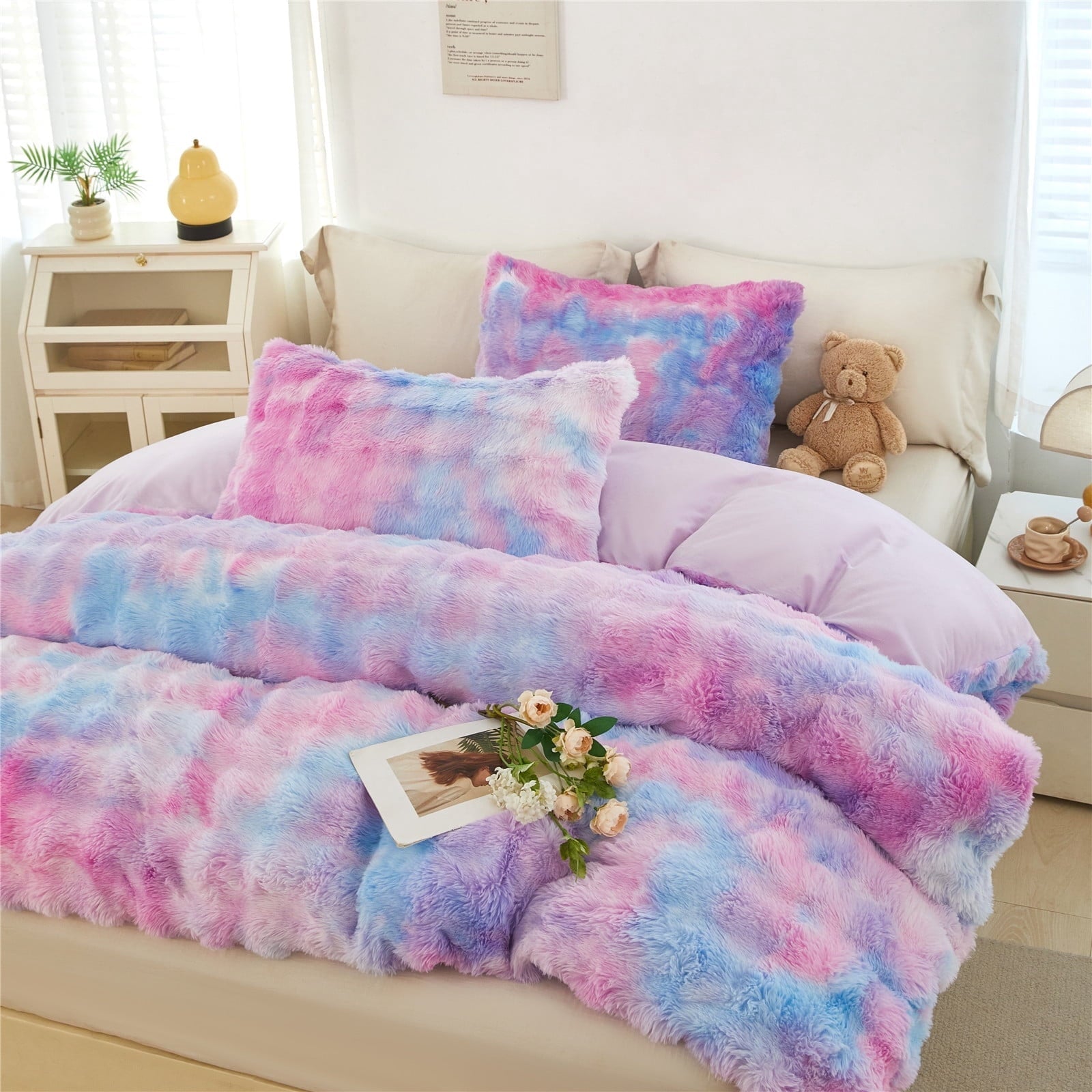 All-Season Faux Rabbit Fur Comforter Set Twin 3Pcs Girls Blue Purple Bedding Set Tie-Dyeing Soft Bed Comforter Set Warm Fuzzy Ki... - Cloud-Like Soft Lightweight Bed Comforter - Default Title