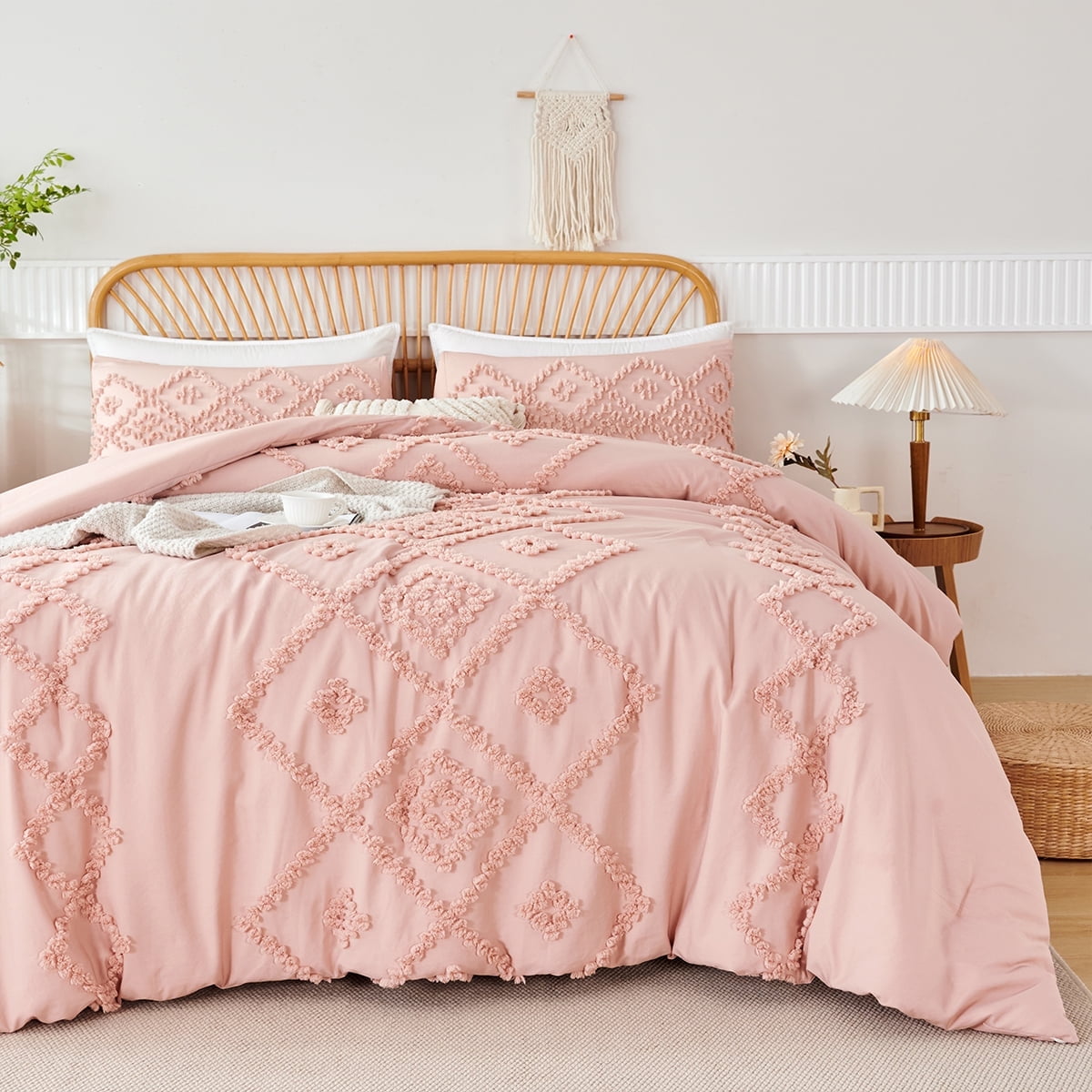 Hypoallergenic Cloud Pink Diamond Jacquard Comforter Set Queen 3 Pcs Bohemian Tufts Quilt Set for Kids Girls Adult 100% Soft Microfiber Be... - Cloud-Like Soft Lightweight Bed Comforter - Default Title