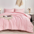 All-Season Pink Full Size Comforter Set Pom Fringe 3 Pcs Boho Chic Cute Ball Pom Blush Bedding Set Cali Soft Lightweight Solid B... - Hypoallergenic Ultra-Fluffy Quilt for Winter - Default Title