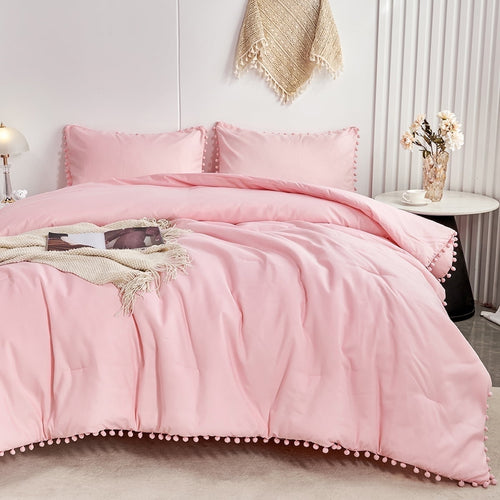 All-Season Pink Full Size Comforter Set Pom Fringe 3 Pcs Boho Chic Cute Ball Pom Blush Bedding Set Cali Soft Lightweight Solid B... - Hypoallergenic Ultra-Fluffy Quilt for Winter - Default Title