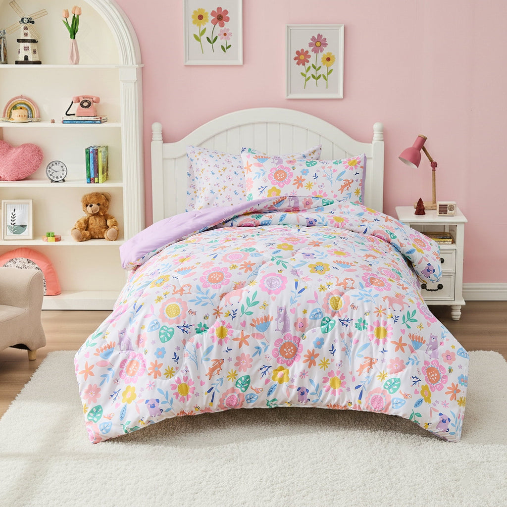 Luxurious Quilted Floral Comforter Set, Soft Microfiber Flower Bedding Set, 5 Pieces with Comforter, Sheets and Pillowcases, Twin - Hypoallergenic Ultra-Fluffy Quilt for Winter - Default Title