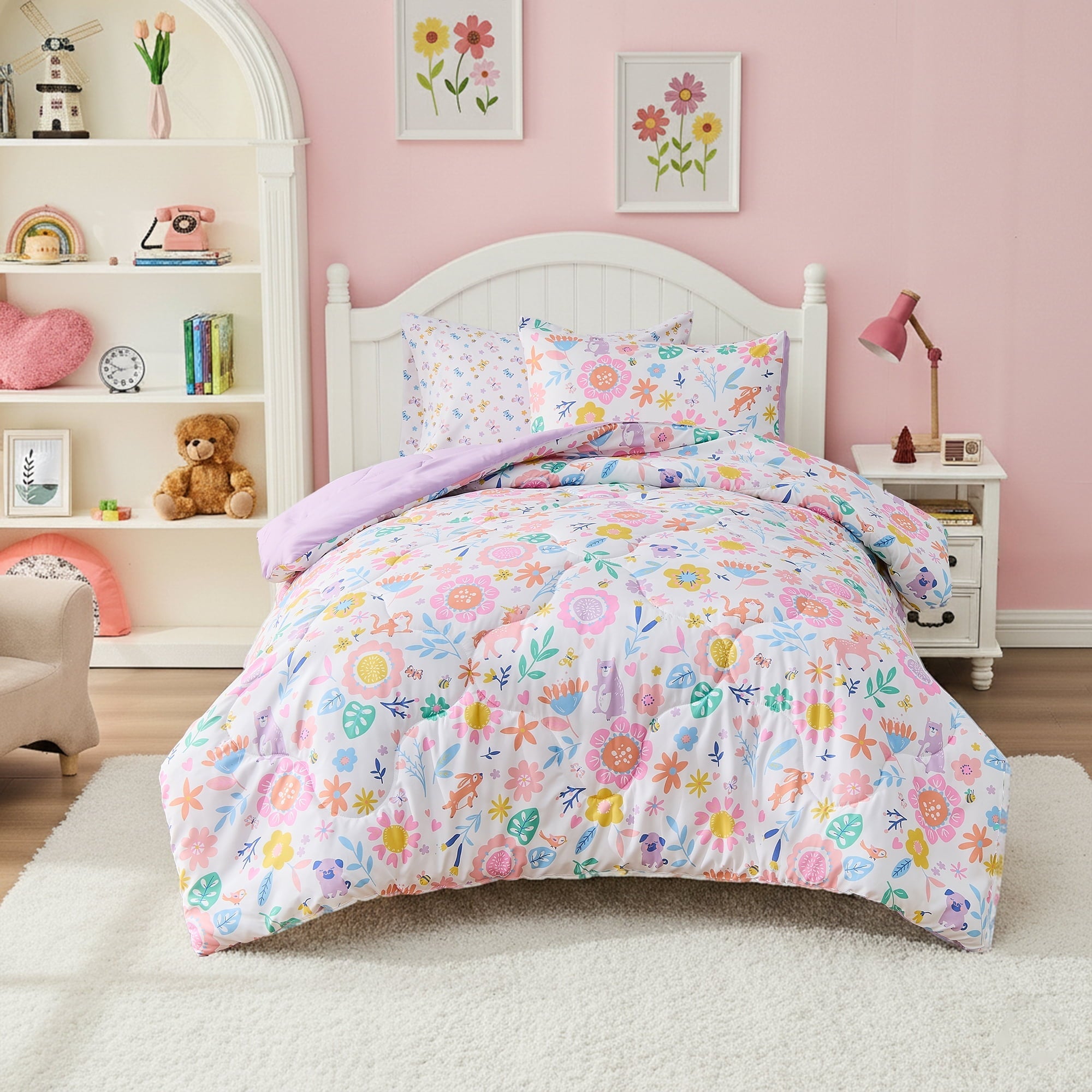 Luxurious Quilted Floral Comforter Set, Soft Microfiber Flower Bedding Set, 5 Pieces with Comforter, Sheets and Pillowcases, Twin - Hypoallergenic Ultra-Fluffy Quilt for Winter - Default Title