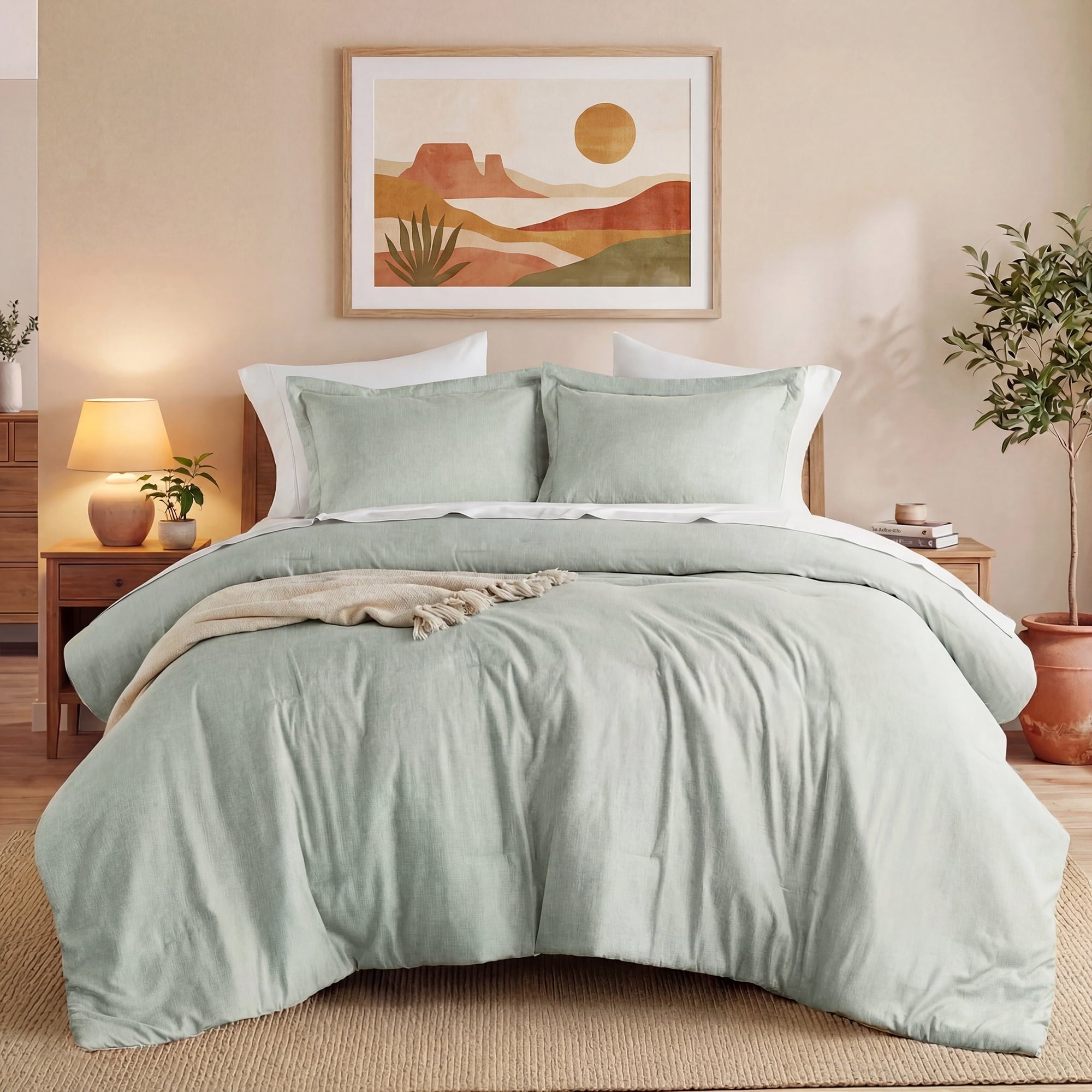 Fluffy Down Alternative Full/Queen Comforter Sets, Reversible 3 Piece Extra Soft Bedding Set, Chambray Print Sage Green Comforter Bed Set wit... - Cloud-Like Soft Lightweight Bed Comforter - Default Title