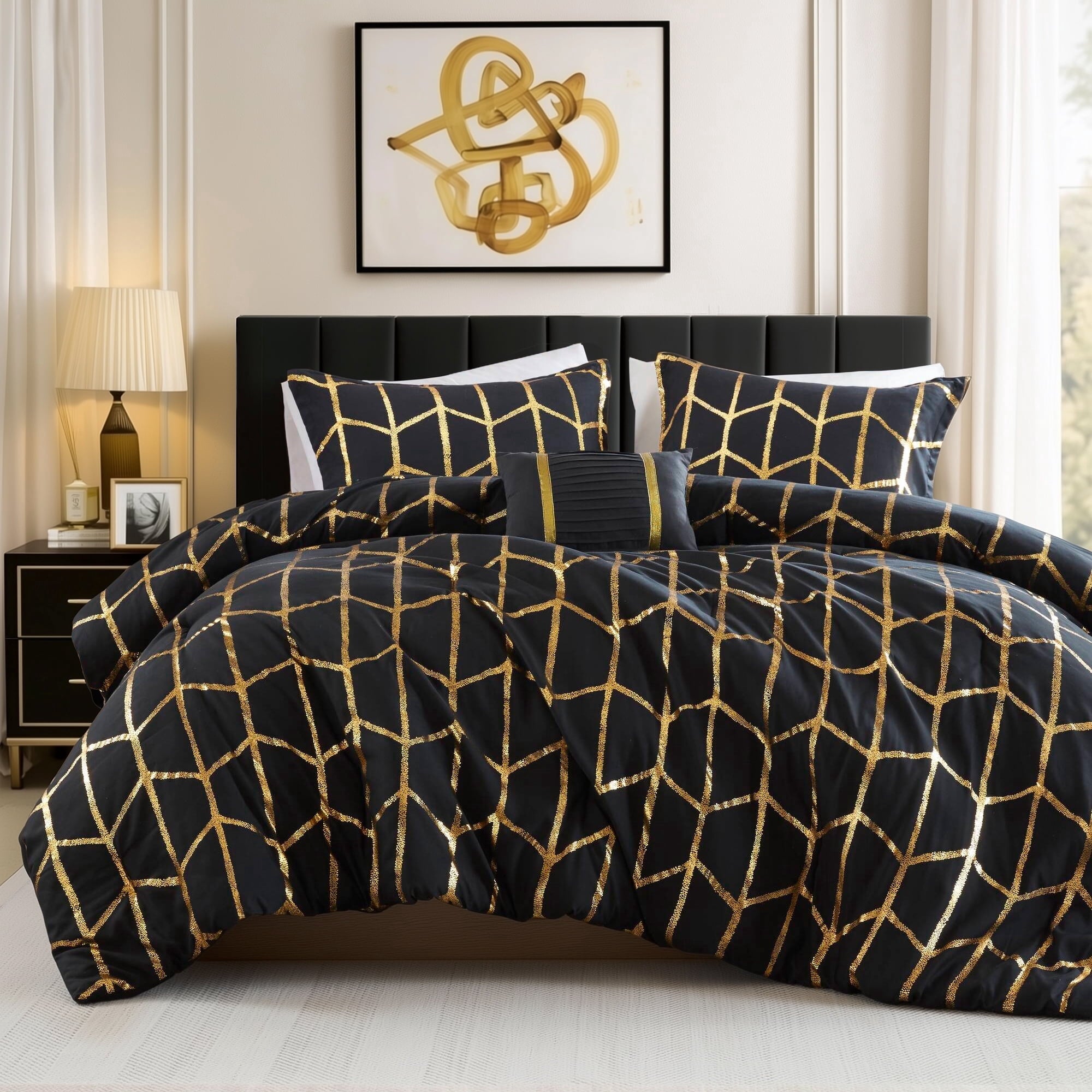 Hypoallergenic Cloud Full/Queen Size Comforter Set, 4-Piece Bedding Set for All Seasons, Geometric Metallic Comforter Bed Set with Decor P... - Luxurious Quilted Duvet Cover Set - Default Title