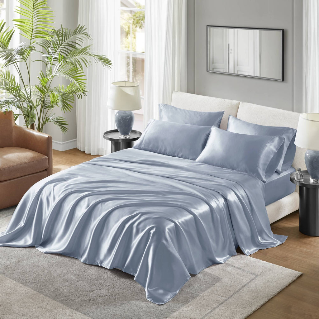 Cooling Sateen Satin Sheet Set, Twin Bed Sheets with Pillowcases, 4-Piece Luxury Silky Sheet Set, Blue, Gifts for Women - Breathable Egyptian Cotton Flat & Fitted Sheets - Default Title
