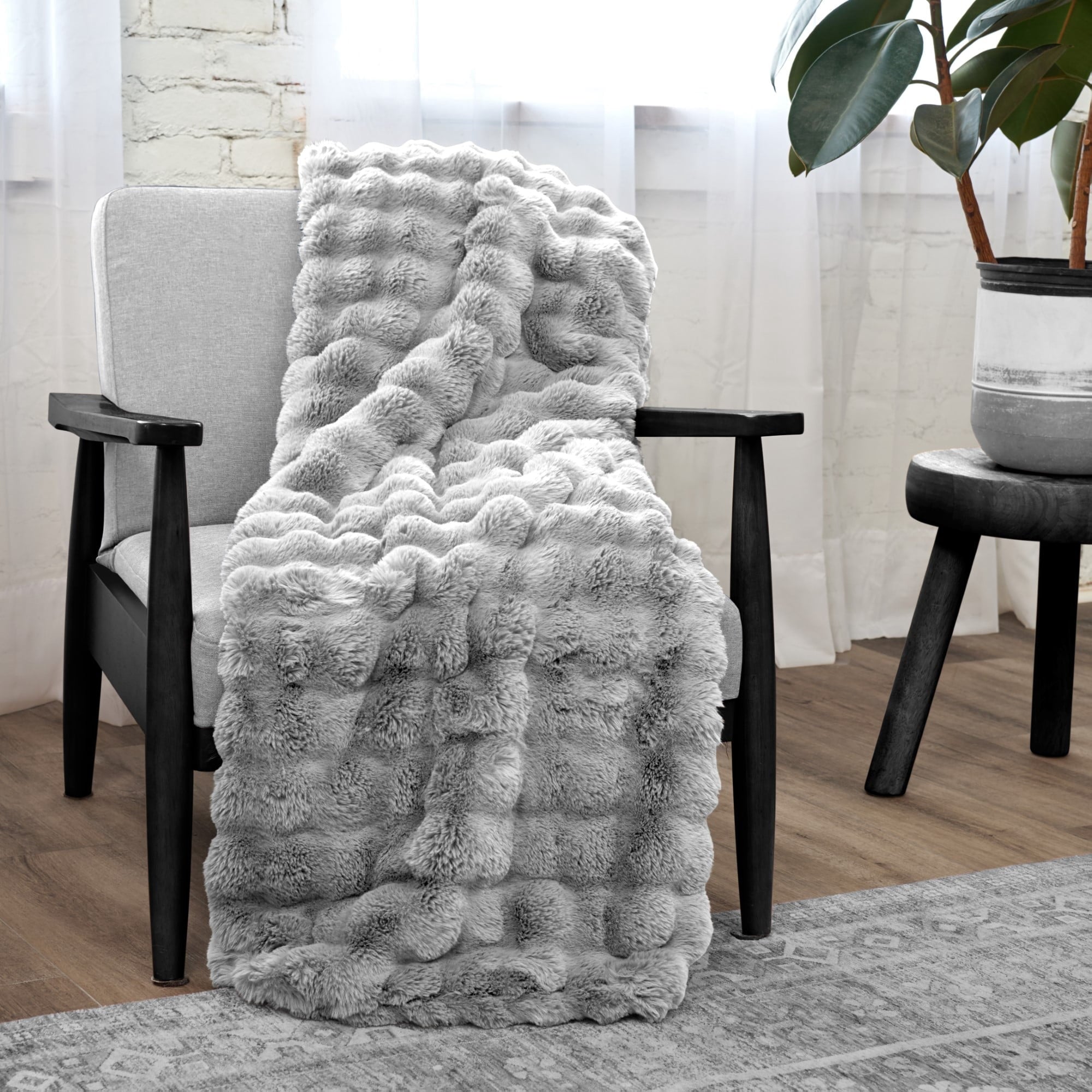 Decorative Knitted Serenade Gray Textured Faux Fur Throw Blanket, 50 x 70 - Lightweight Plush Warm Blanket for All Seasons - Default Title
