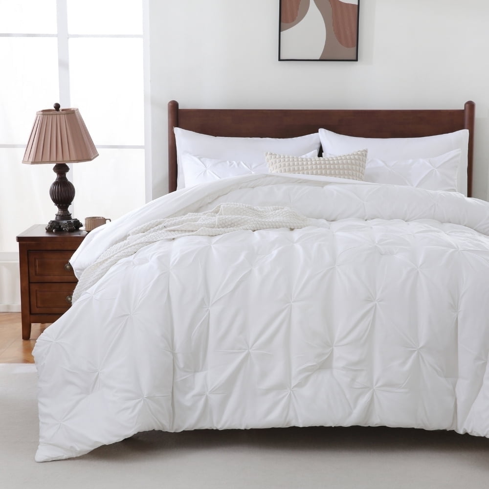 All-Season 7 Pieces Pinch-Pleated Comforter Set, White Queen Size - Luxurious Quilted Duvet Cover Set - Default Title