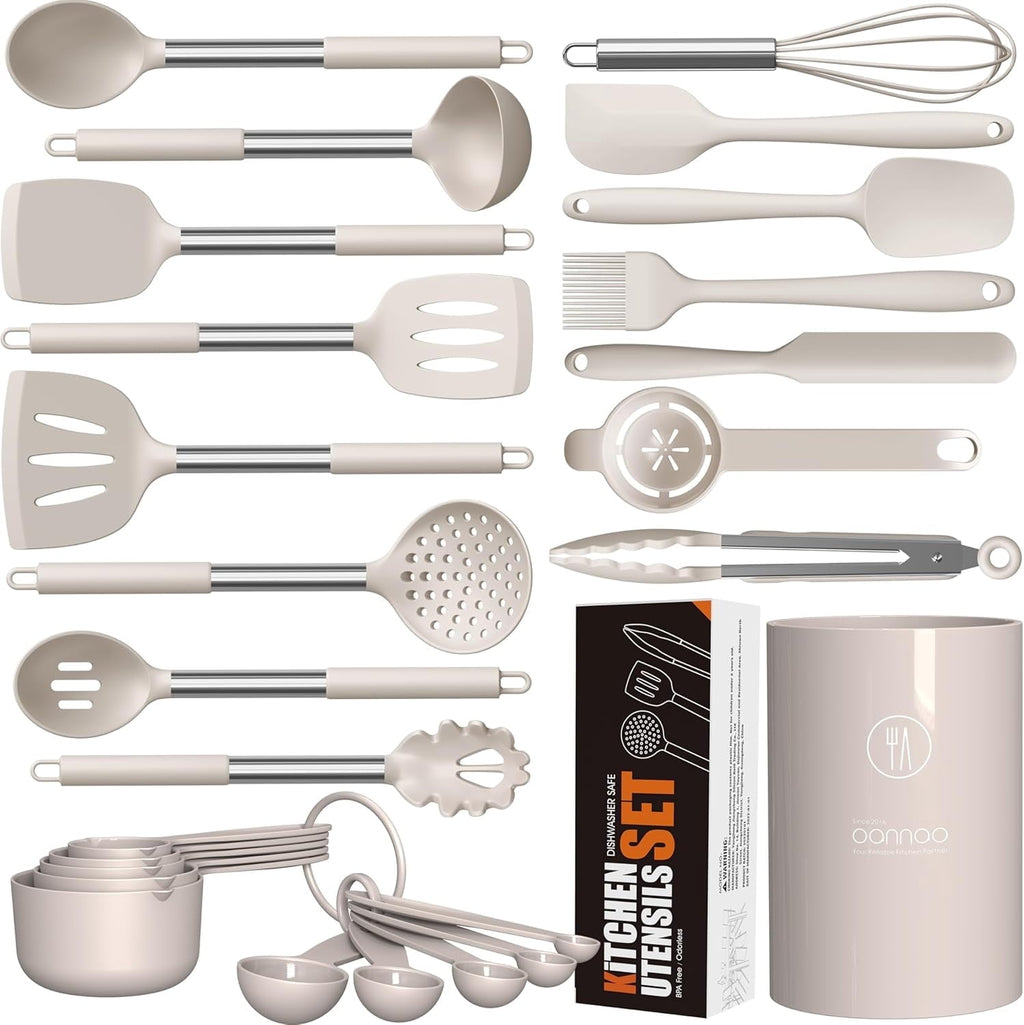 Non-Stick Safe Large Silicone Cooking Utensils Set - Heat Resistant Kitchen Utensils,Turner Tongs,Spatula,Spoon,Brush,Whisk,Stainles... - Premium Stainless Steel Cooking Utensil for Non-Stick Pots - Default Title